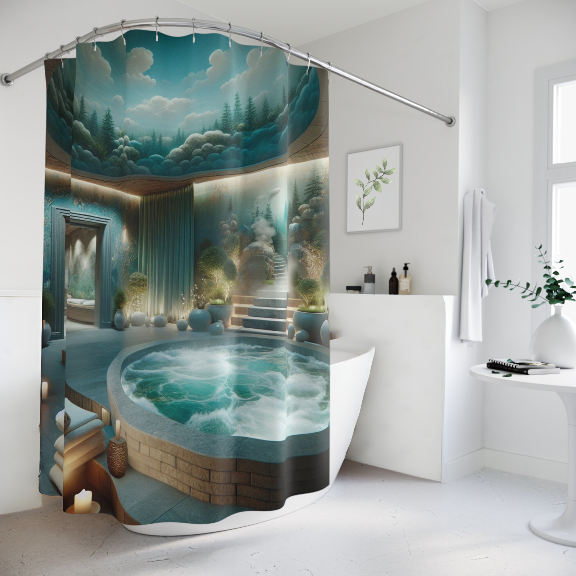 Mystical Spa Sanctuary – Blue Forest Hot Spring Shower Curtain