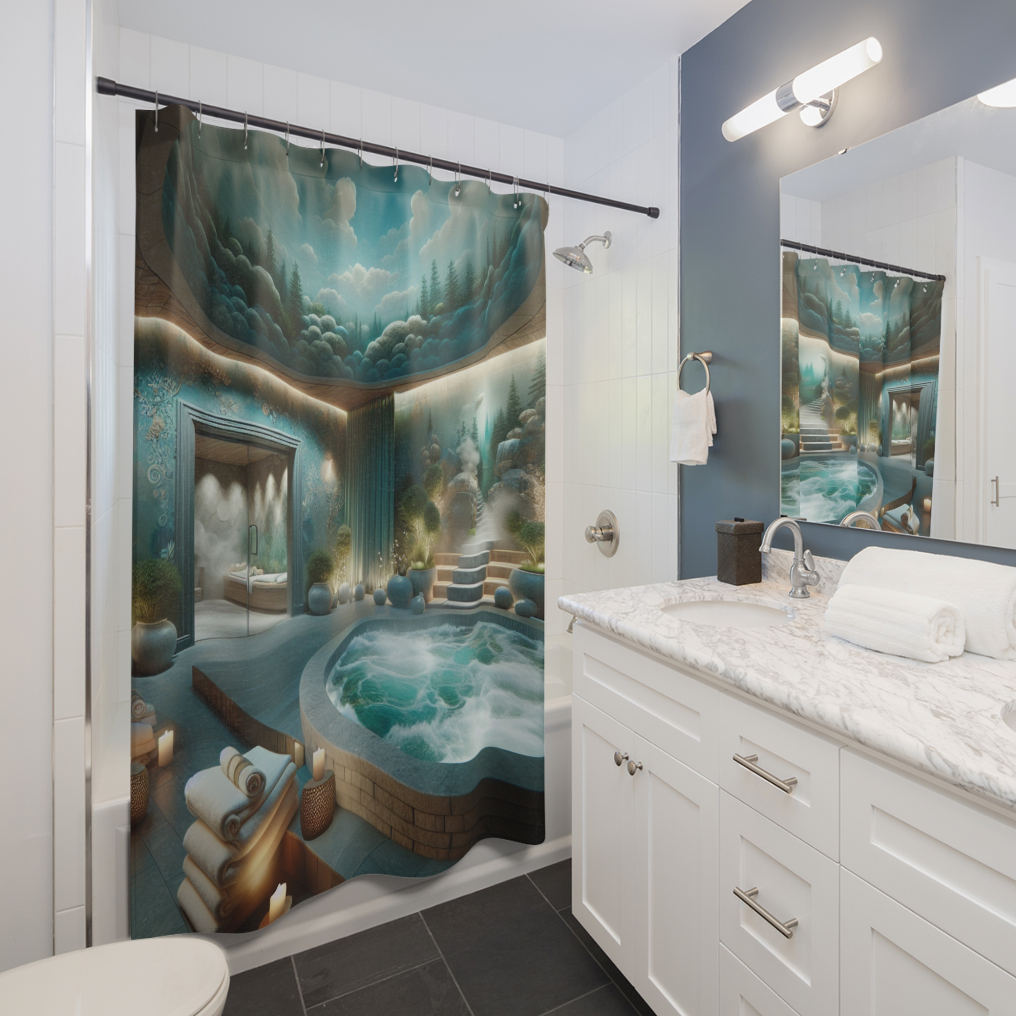 Mystical Spa Sanctuary – Blue Forest Hot Spring Shower Curtain