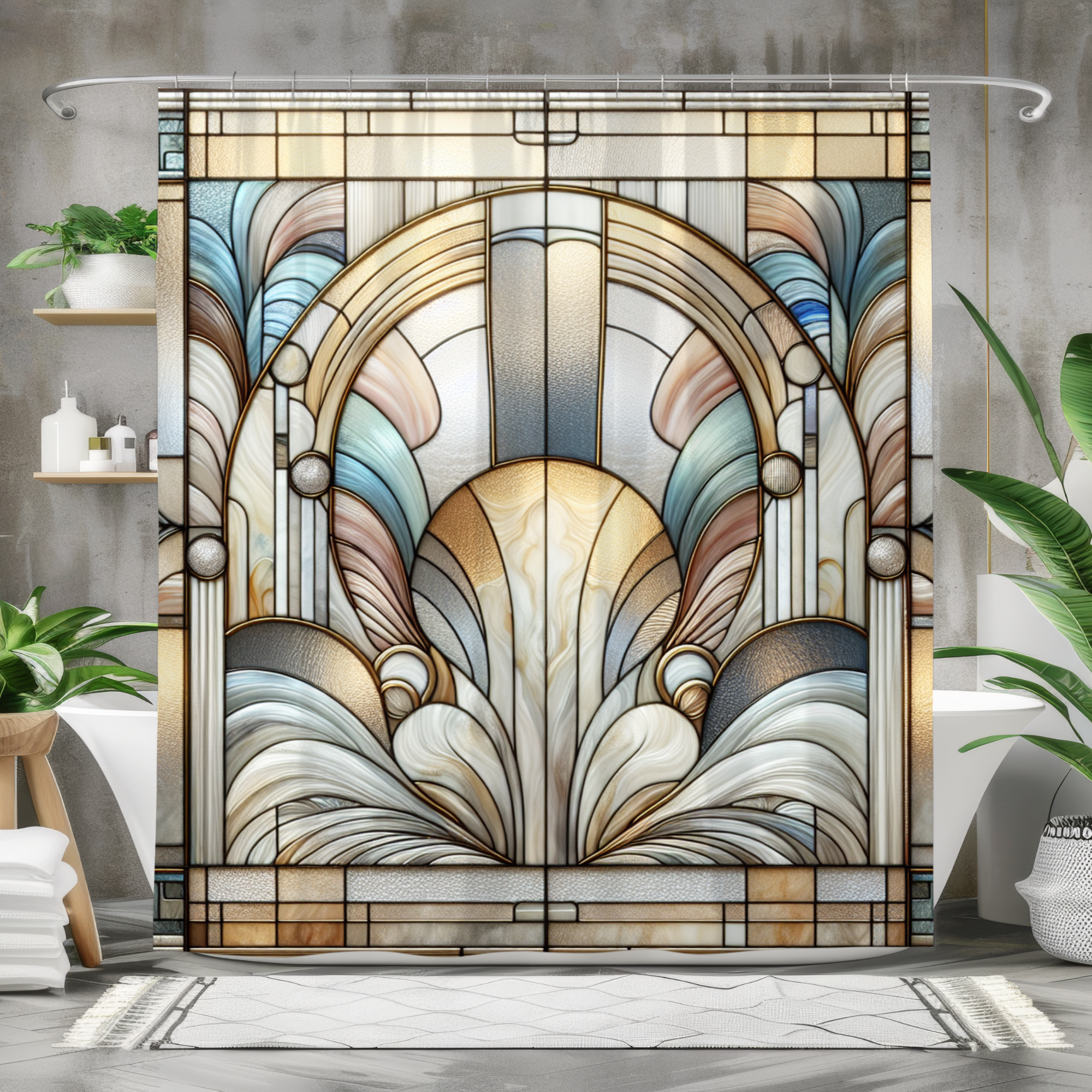 Art Deco Radiance – Stained Glass Sunrise Shower Curtain