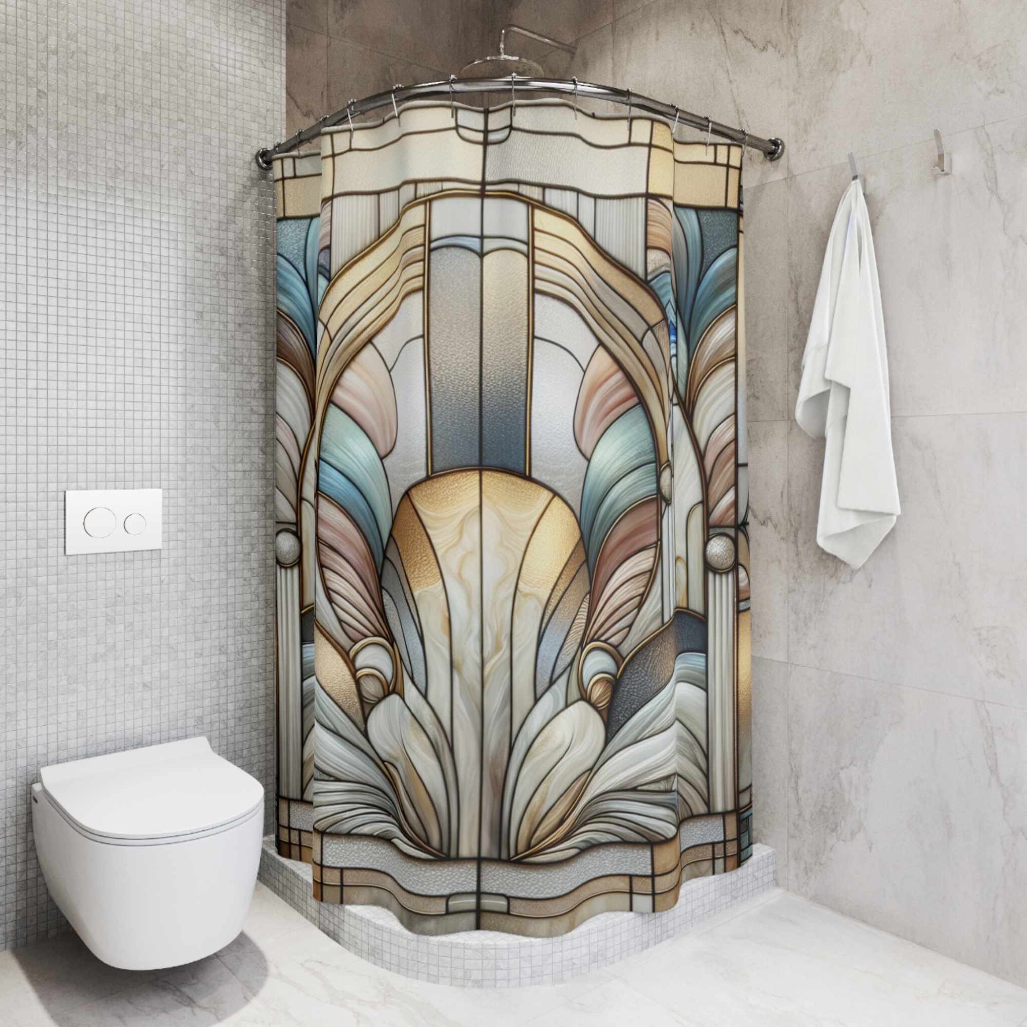 Art Deco Radiance – Stained Glass Sunrise Shower Curtain