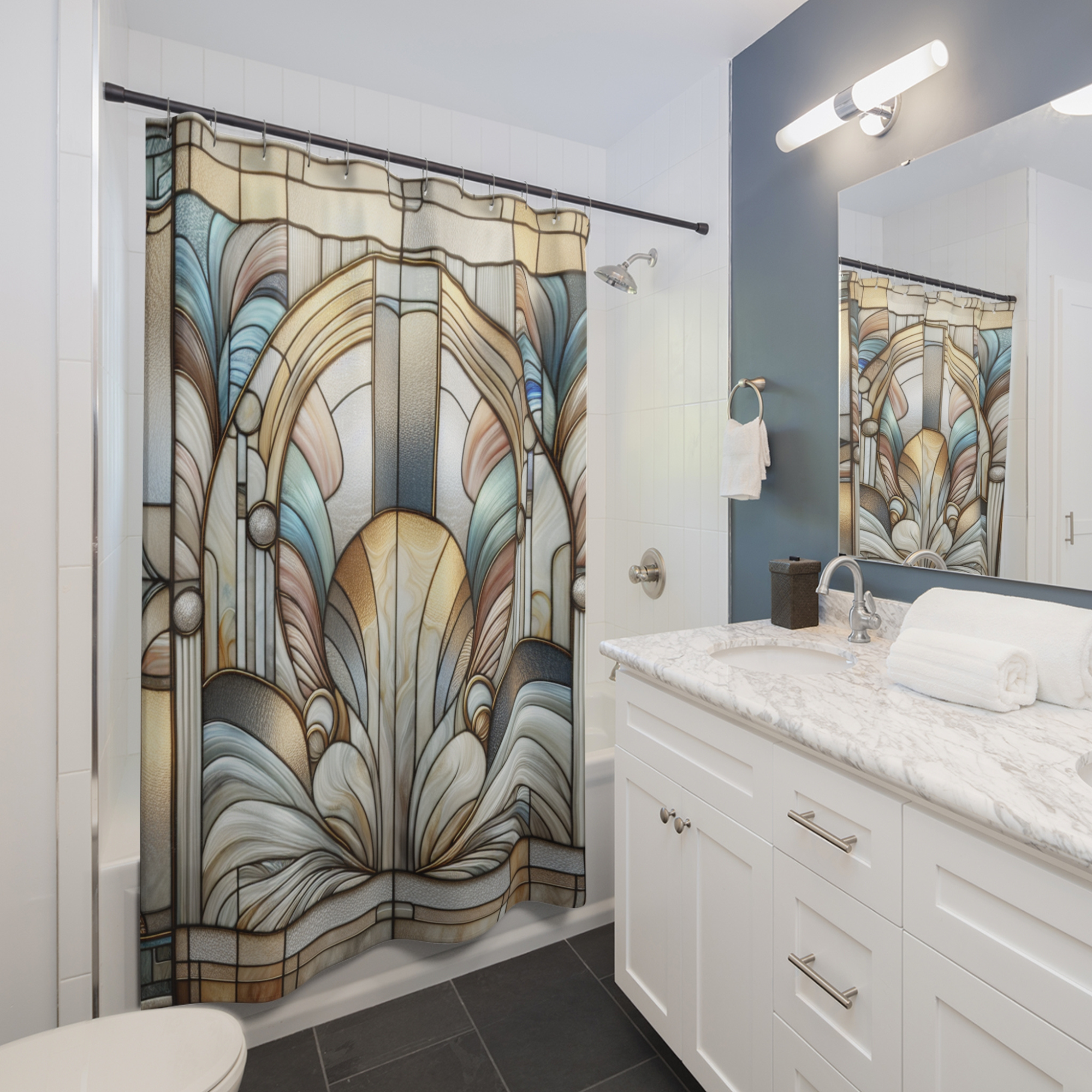 Art Deco Radiance – Stained Glass Sunrise Shower Curtain