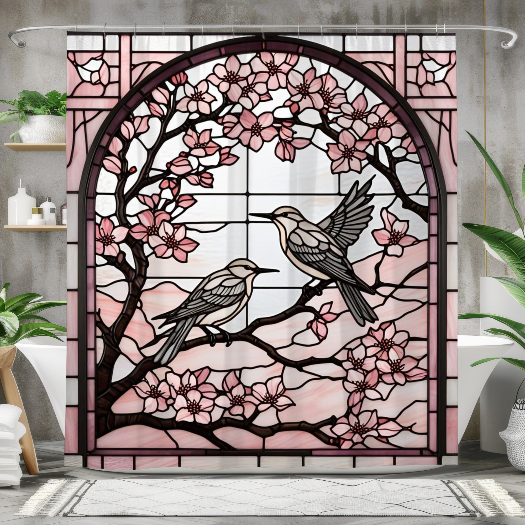 Cherry Blossom Birds – Pink Stained Glass Shower Curtain