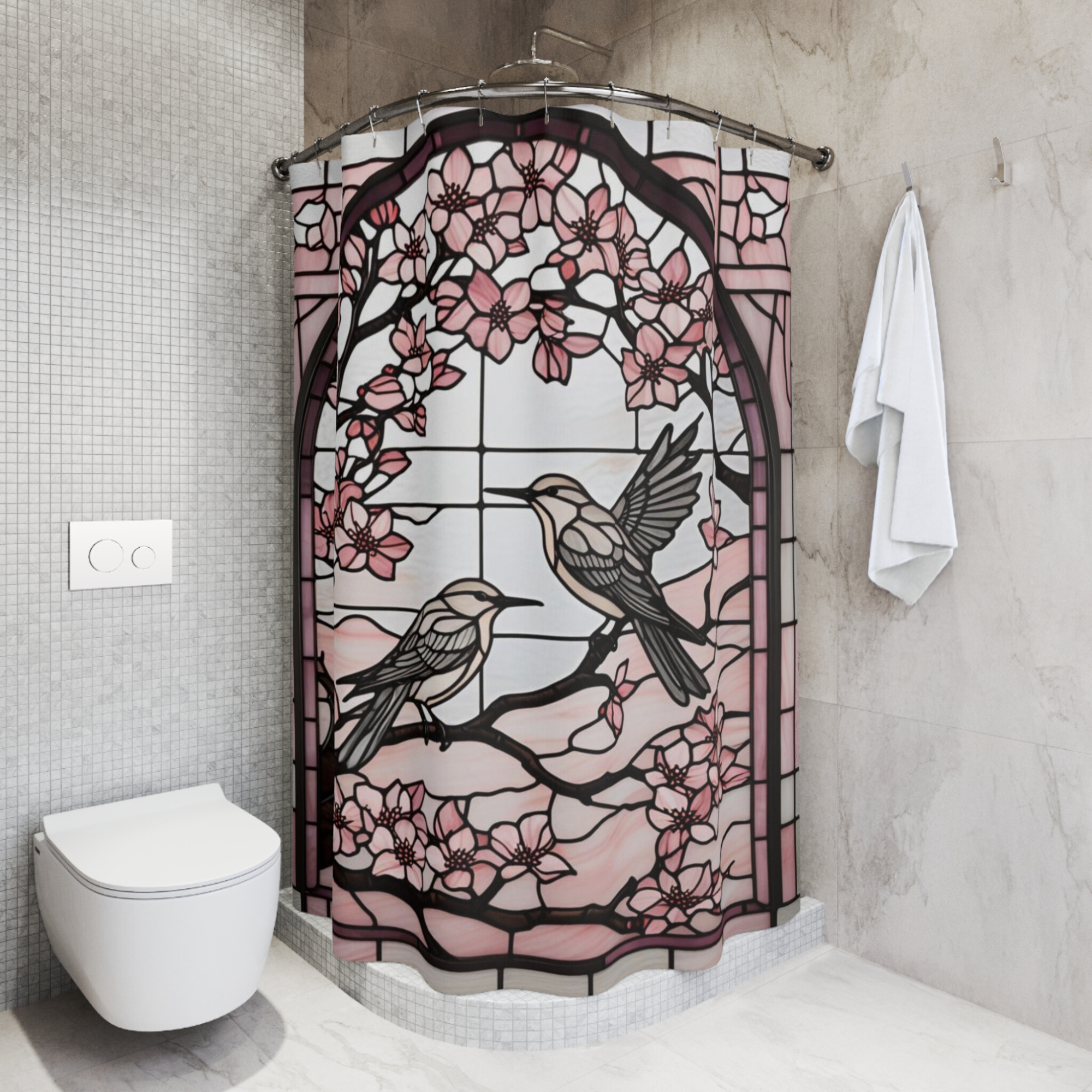 Cherry Blossom Birds – Pink Stained Glass Shower Curtain