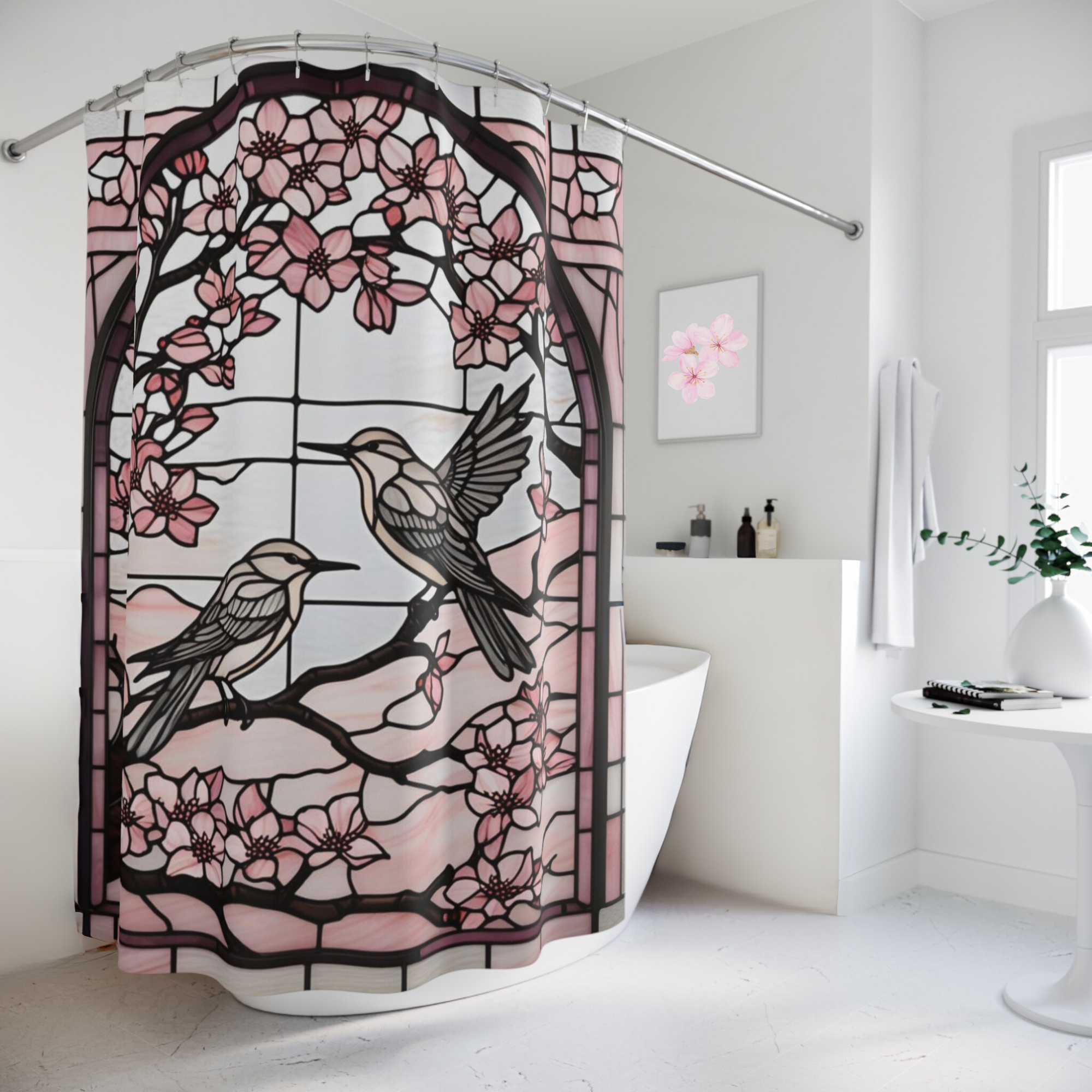 Cherry Blossom Birds – Pink Stained Glass Shower Curtain