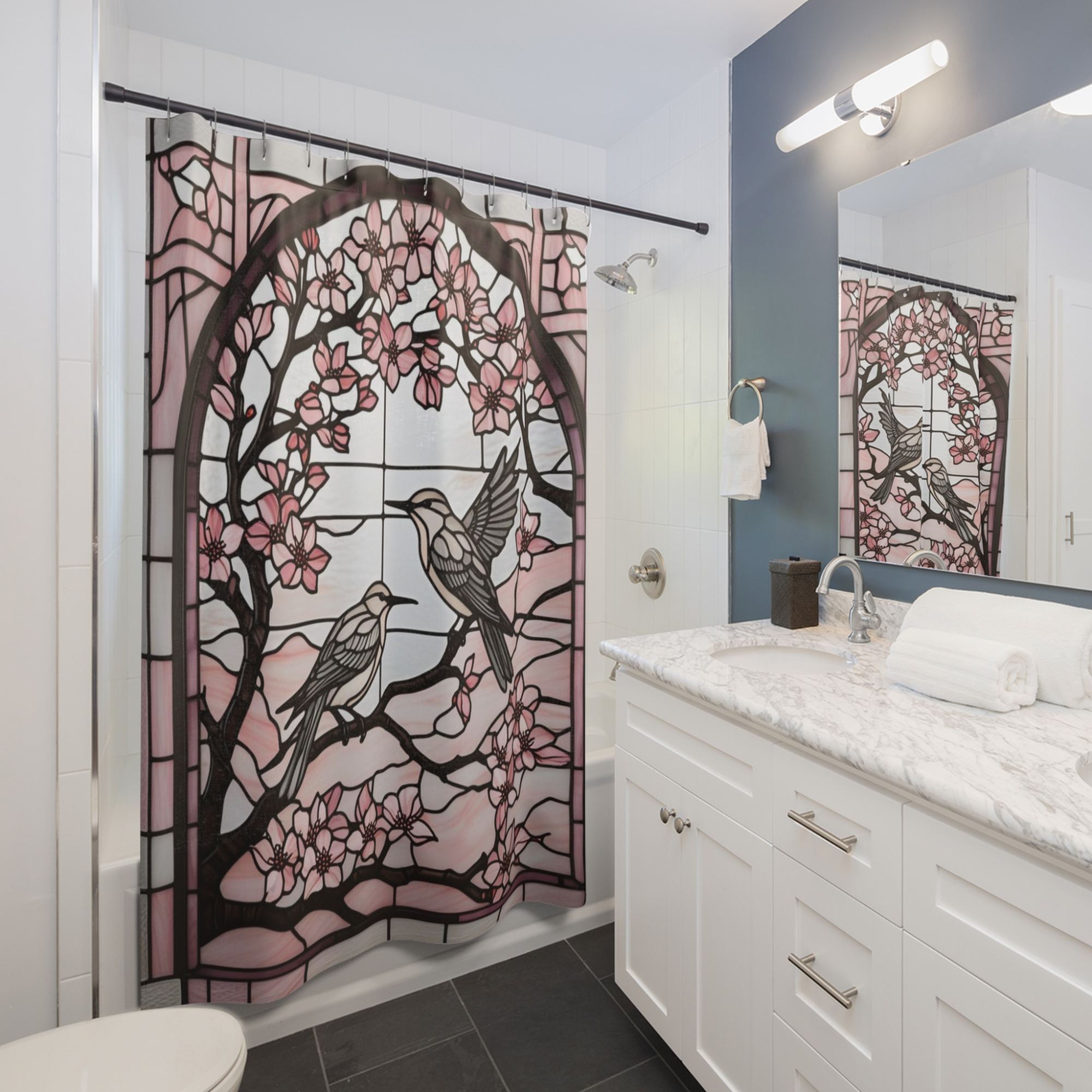 Cherry Blossom Birds – Pink Stained Glass Shower Curtain