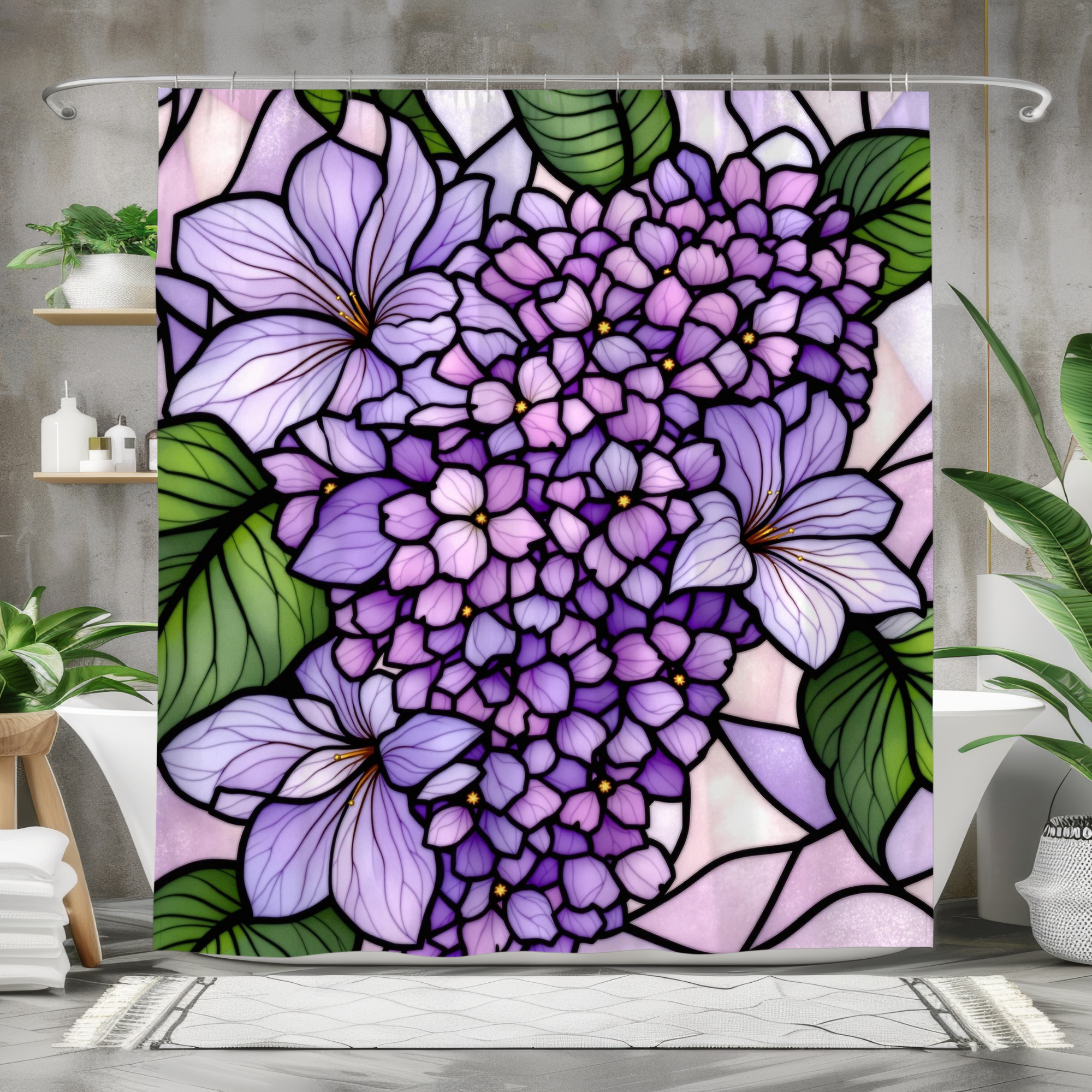 Purple Hydrangeas – Stained Glass Floral Shower Curtain