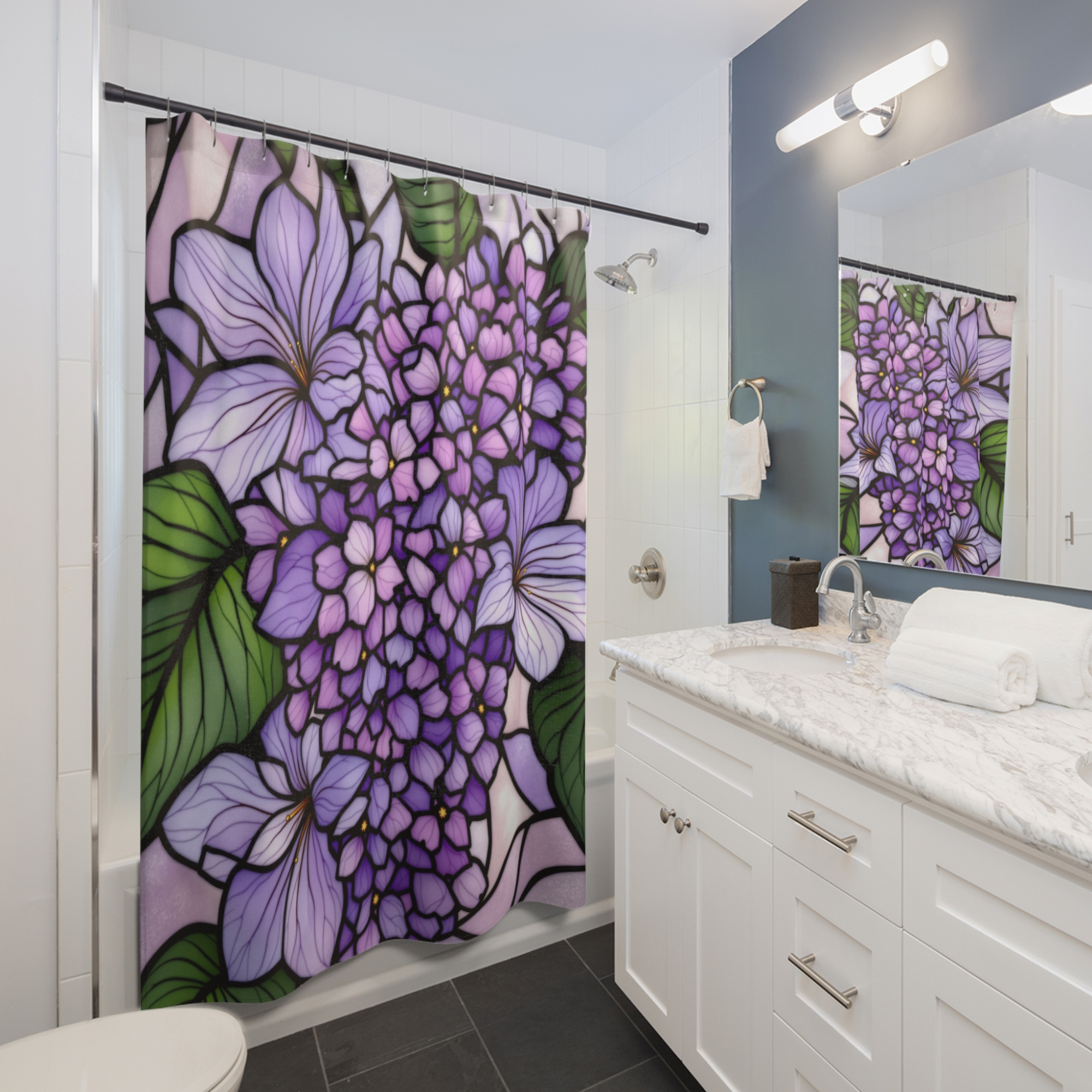 Purple Hydrangeas – Stained Glass Floral Shower Curtain