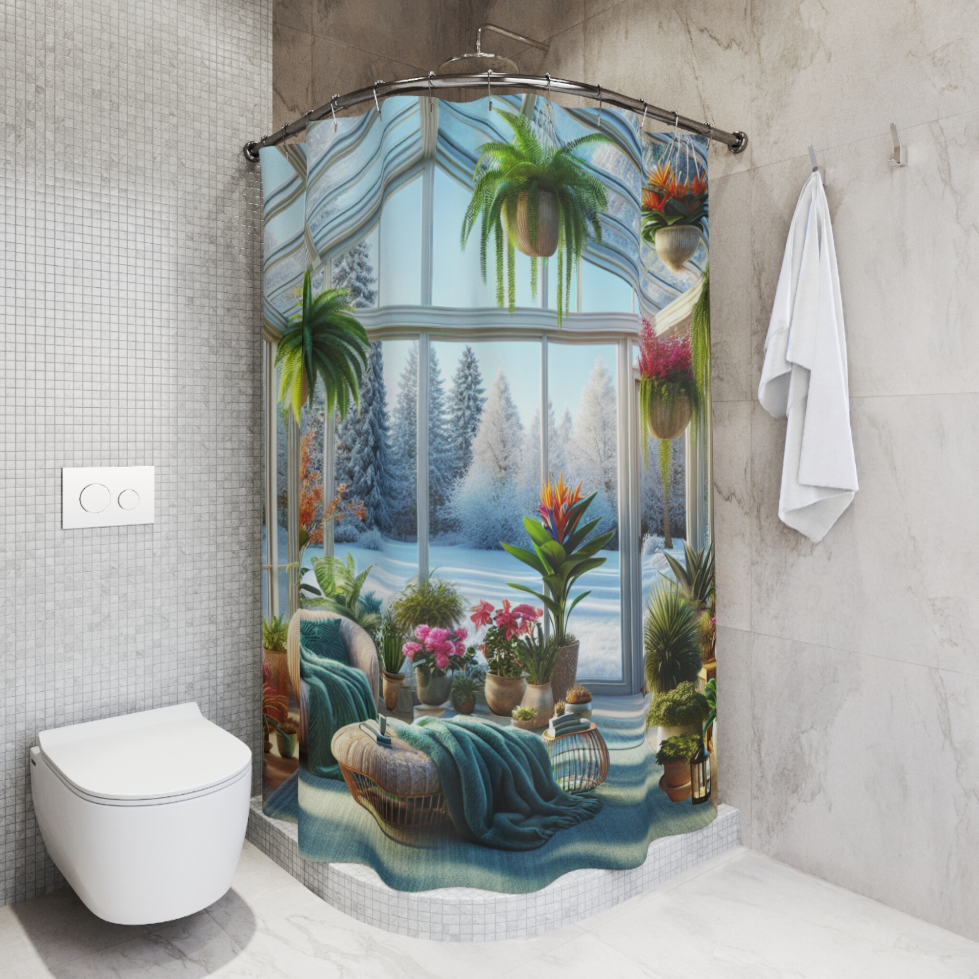 Winter Greenhouse Bliss – Cozy Sunroom Shower Curtain