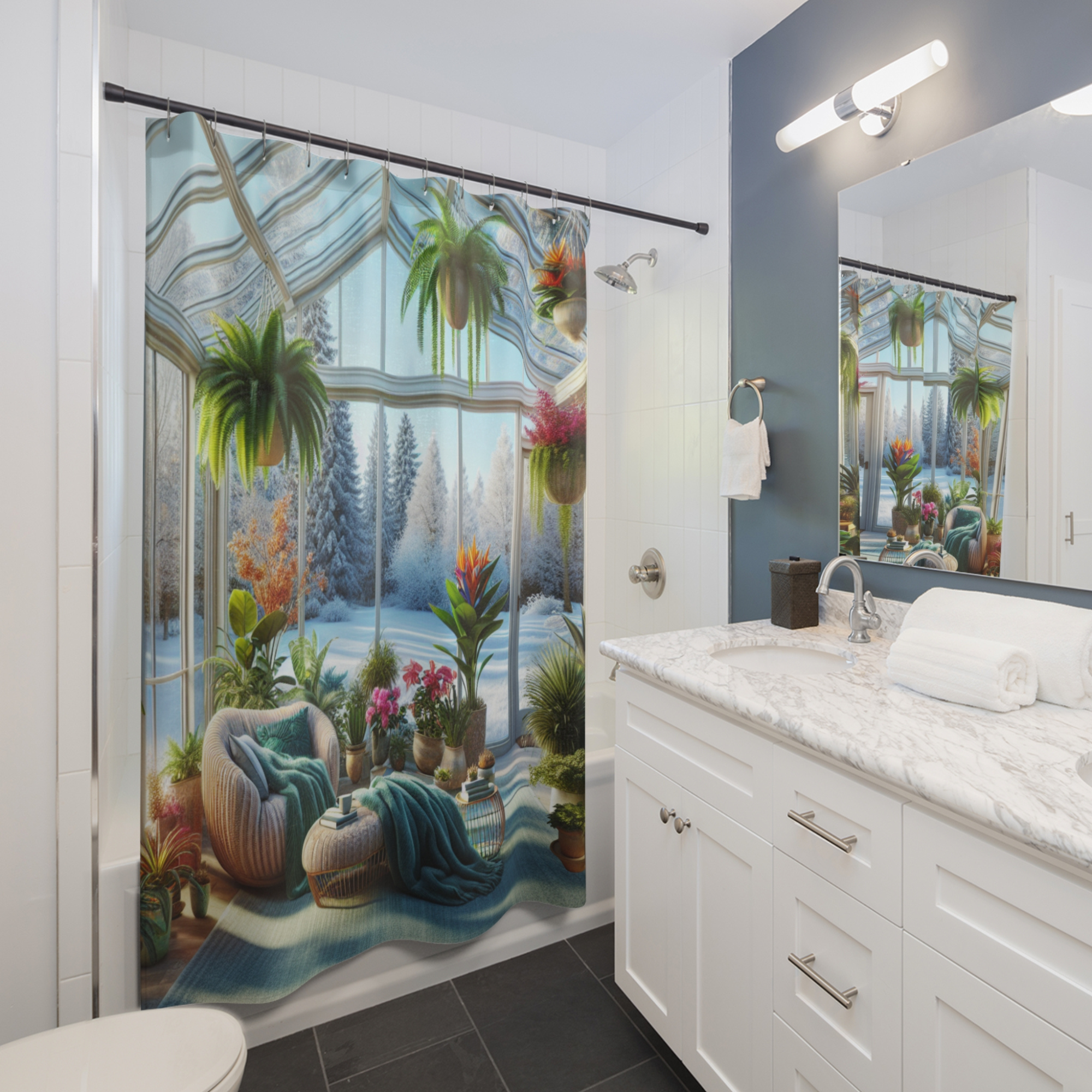 Winter Greenhouse Bliss – Cozy Sunroom Shower Curtain