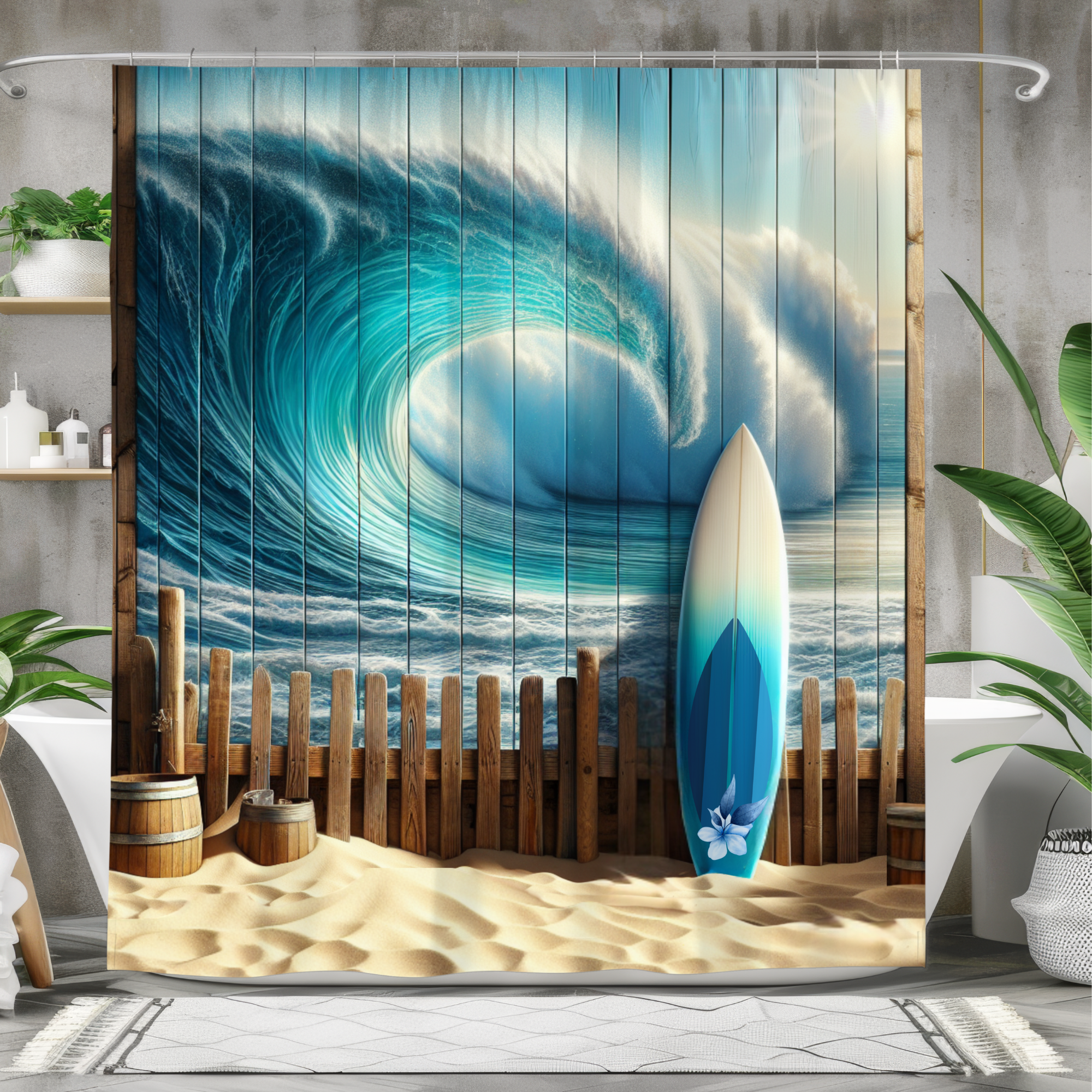 Ocean Wave Break With Surfboard – Coastal Beach Shower Curtain