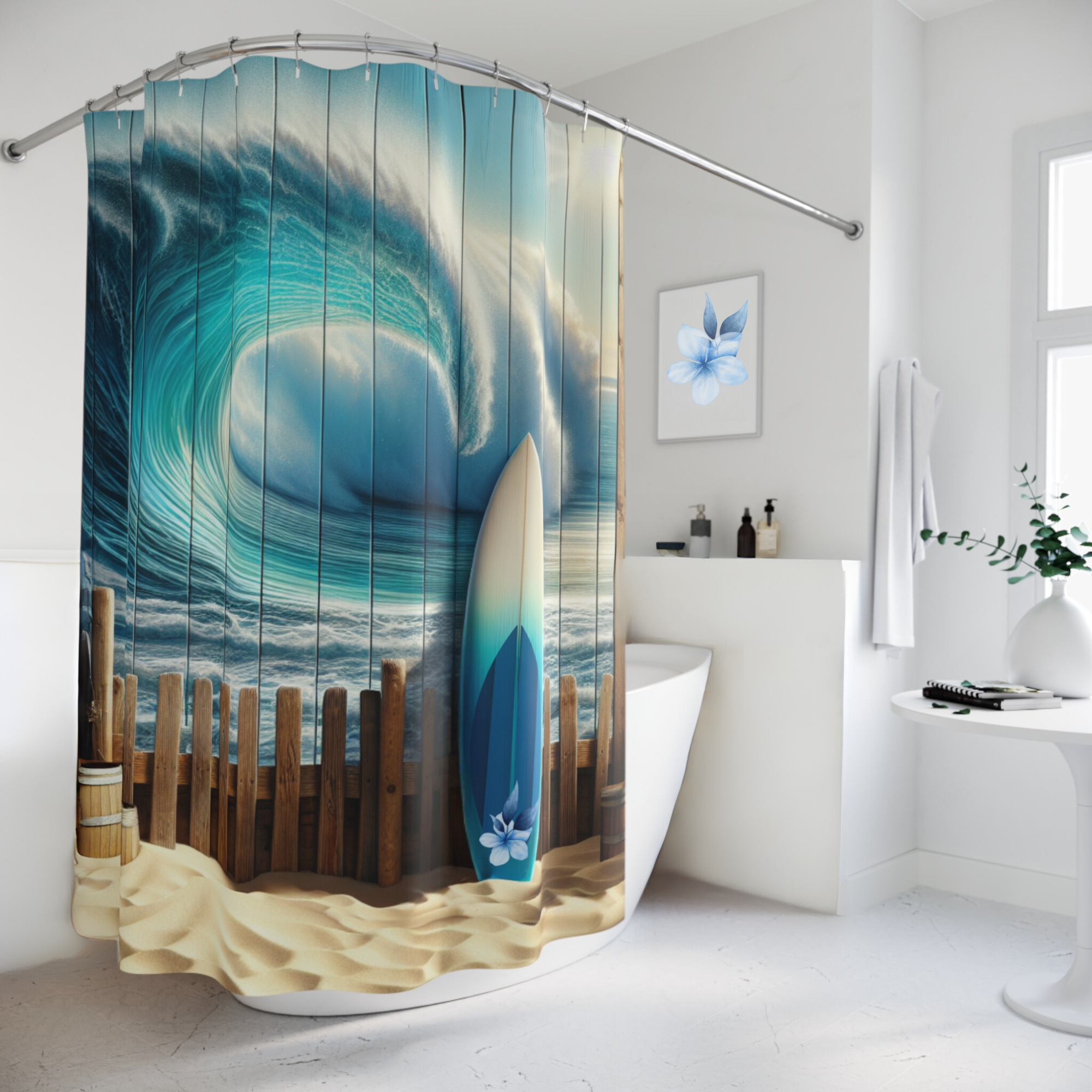Ocean Wave Break With Surfboard – Coastal Beach Shower Curtain
