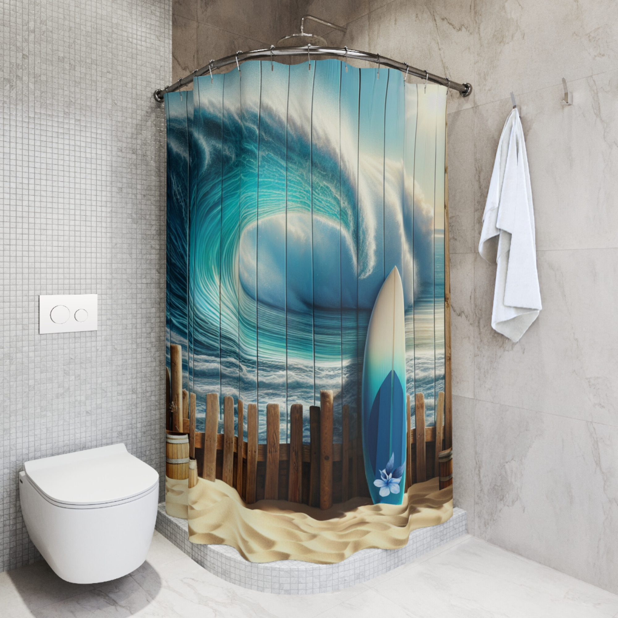 Ocean Wave Break With Surfboard – Coastal Beach Shower Curtain