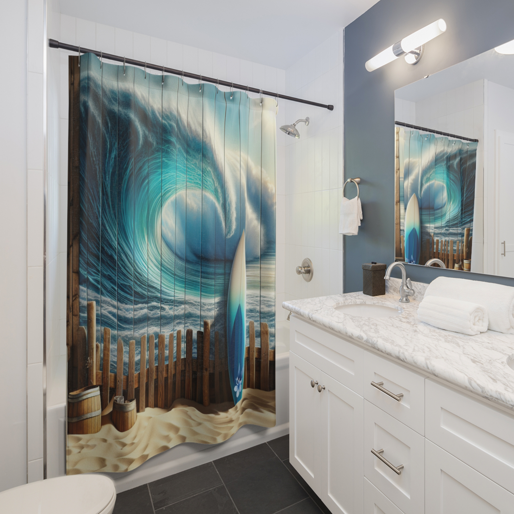 Ocean Wave Break With Surfboard – Coastal Beach Shower Curtain