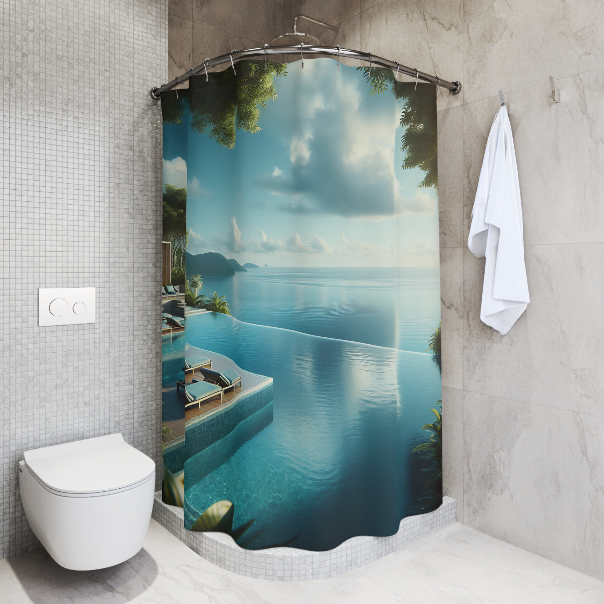 Infinity Pool Escape – Tropical Ocean View Shower Curtain