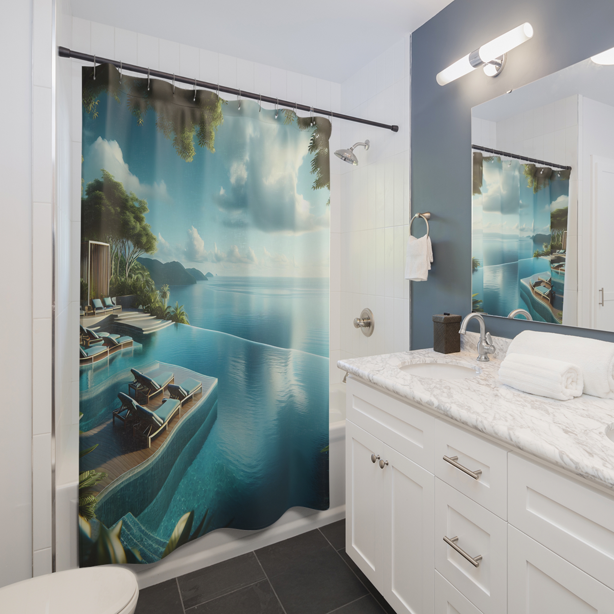 Infinity Pool Escape – Tropical Ocean View Shower Curtain