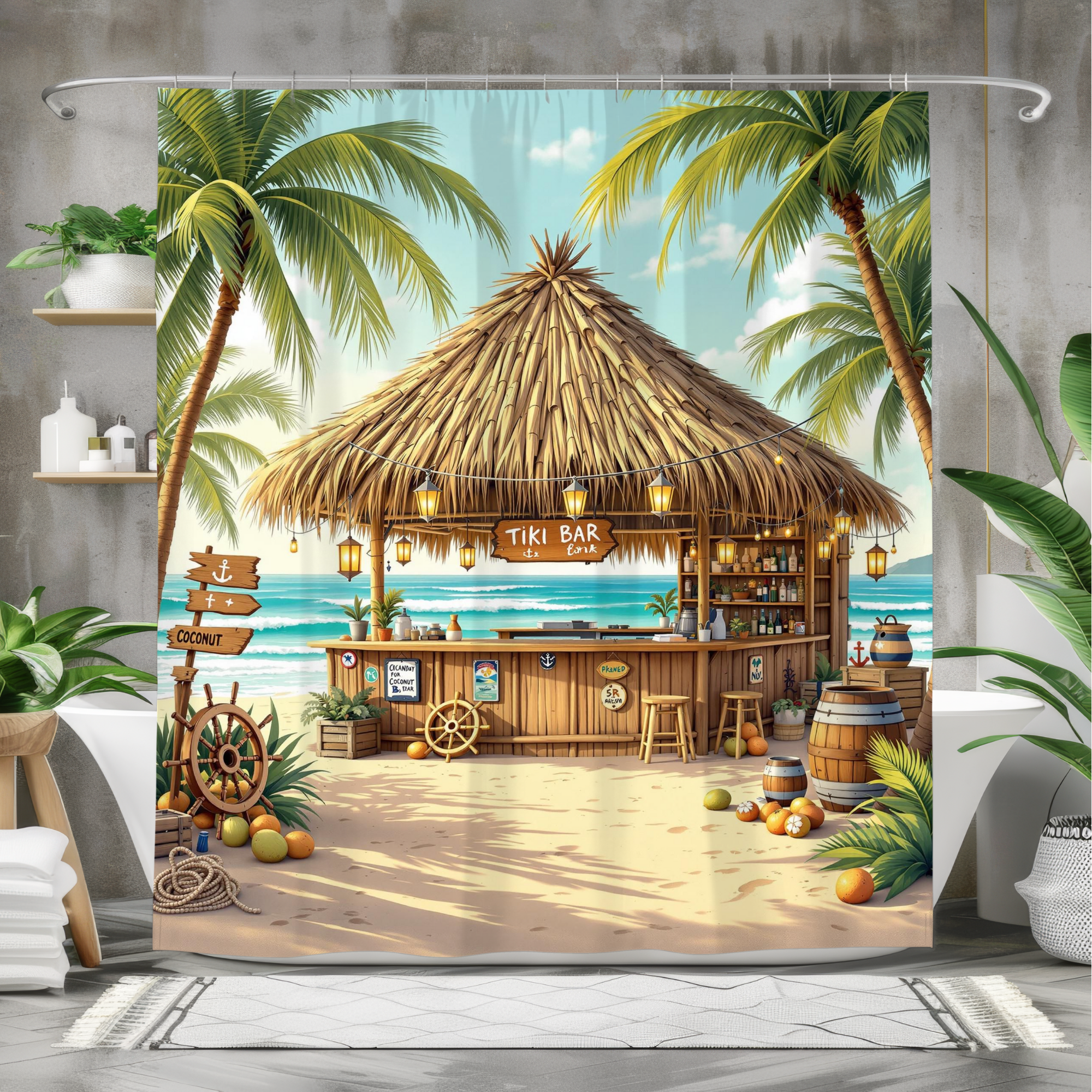 Tiki Bar by the Sea – Tropical Island Shower Curtain