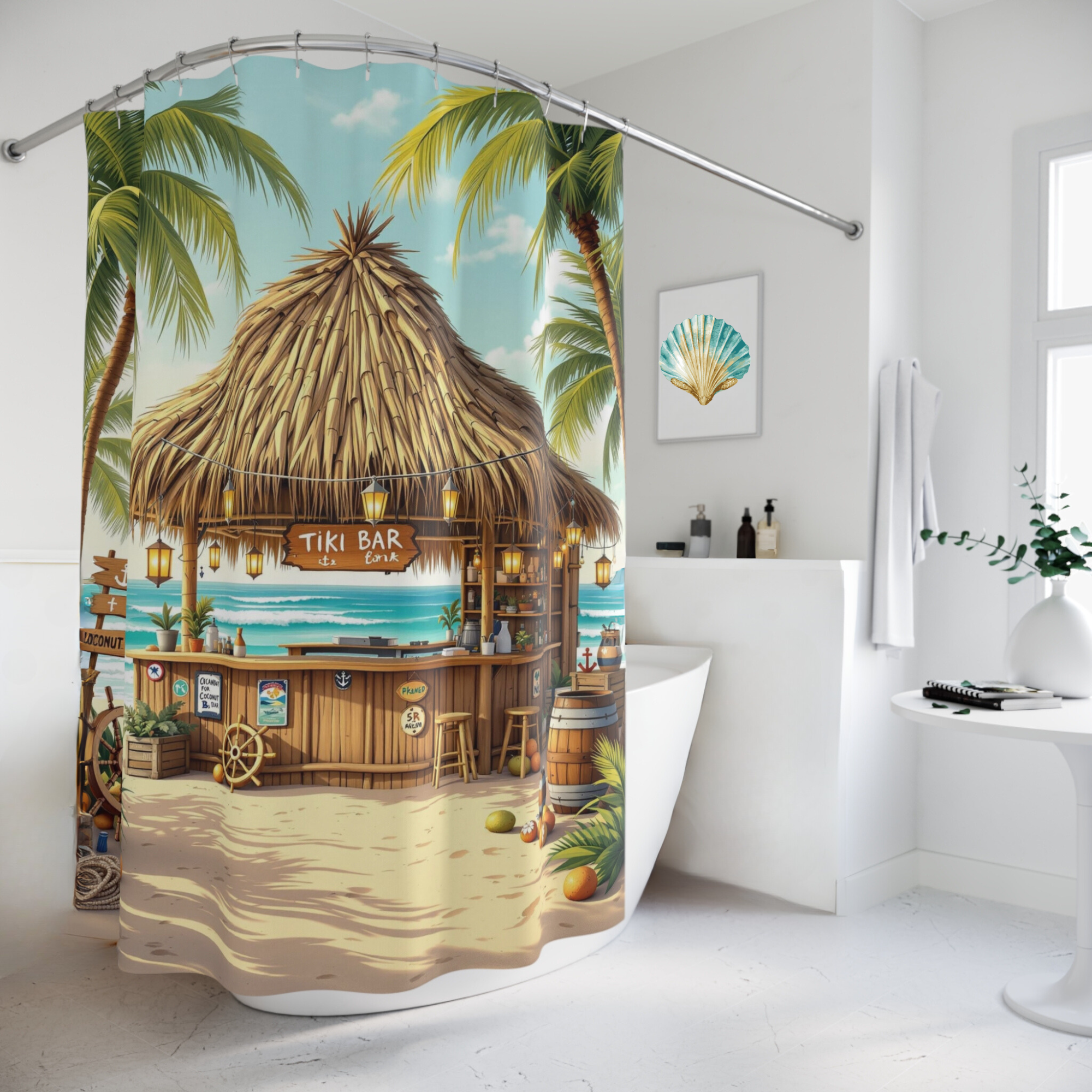 Tiki Bar by the Sea – Tropical Island Shower Curtain
