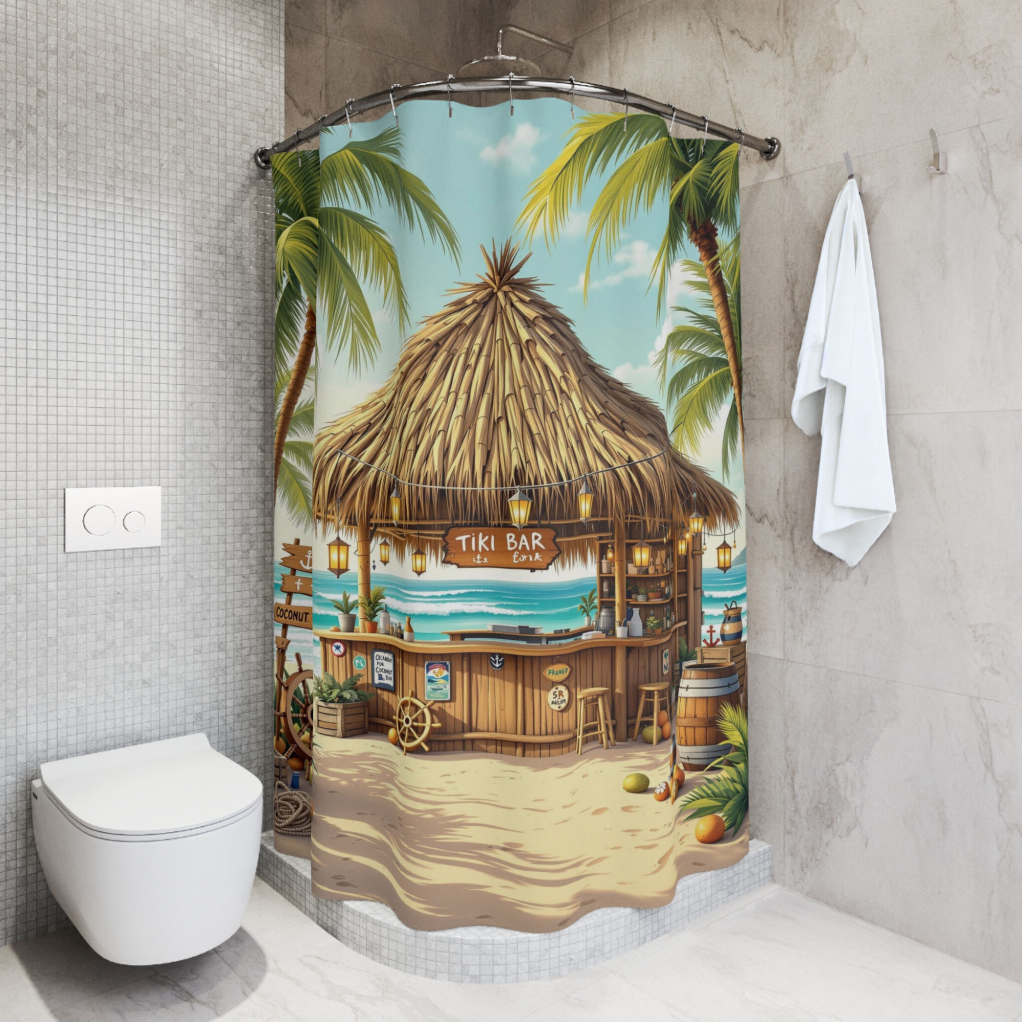 Tiki Bar by the Sea – Tropical Island Shower Curtain