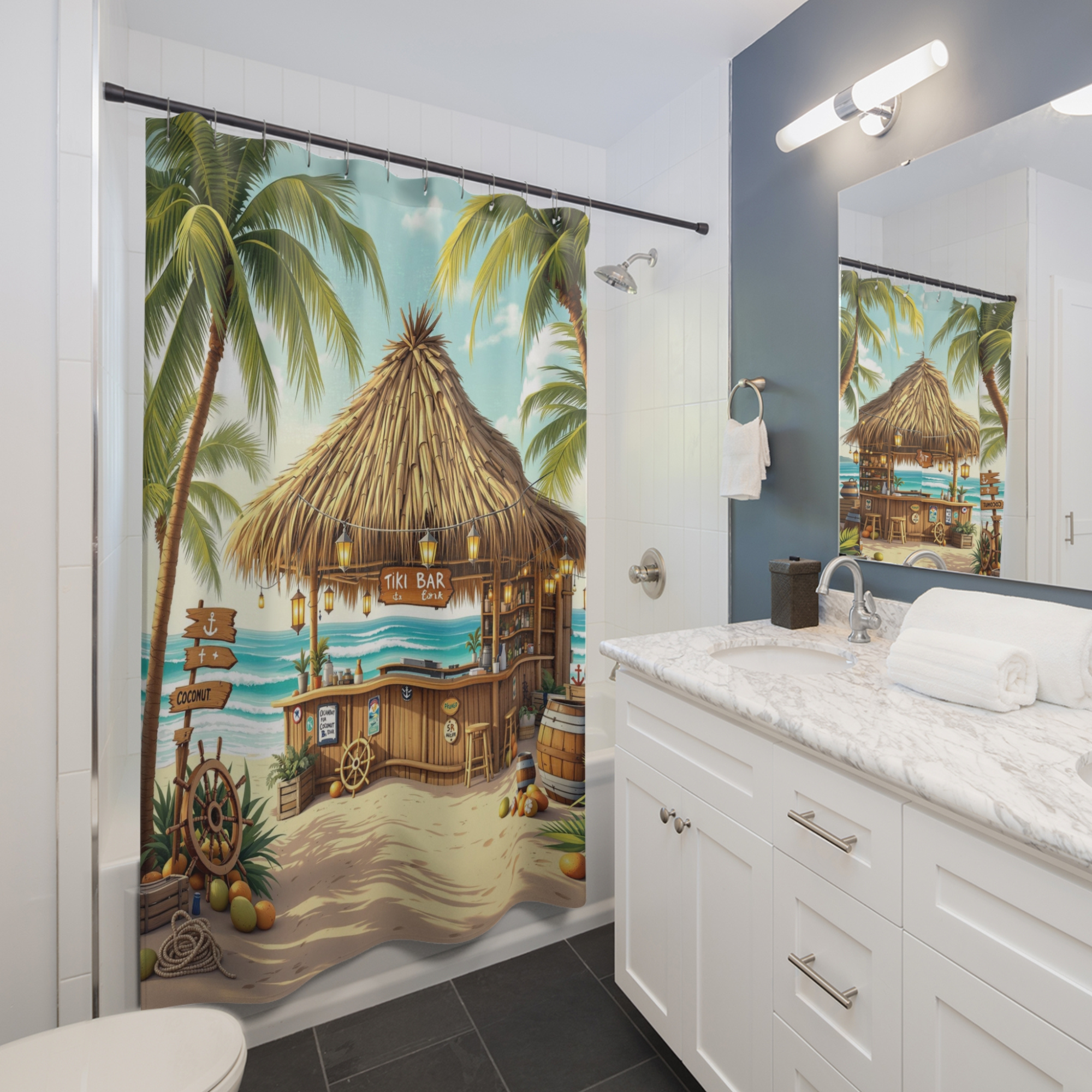Tiki Bar by the Sea – Tropical Island Shower Curtain