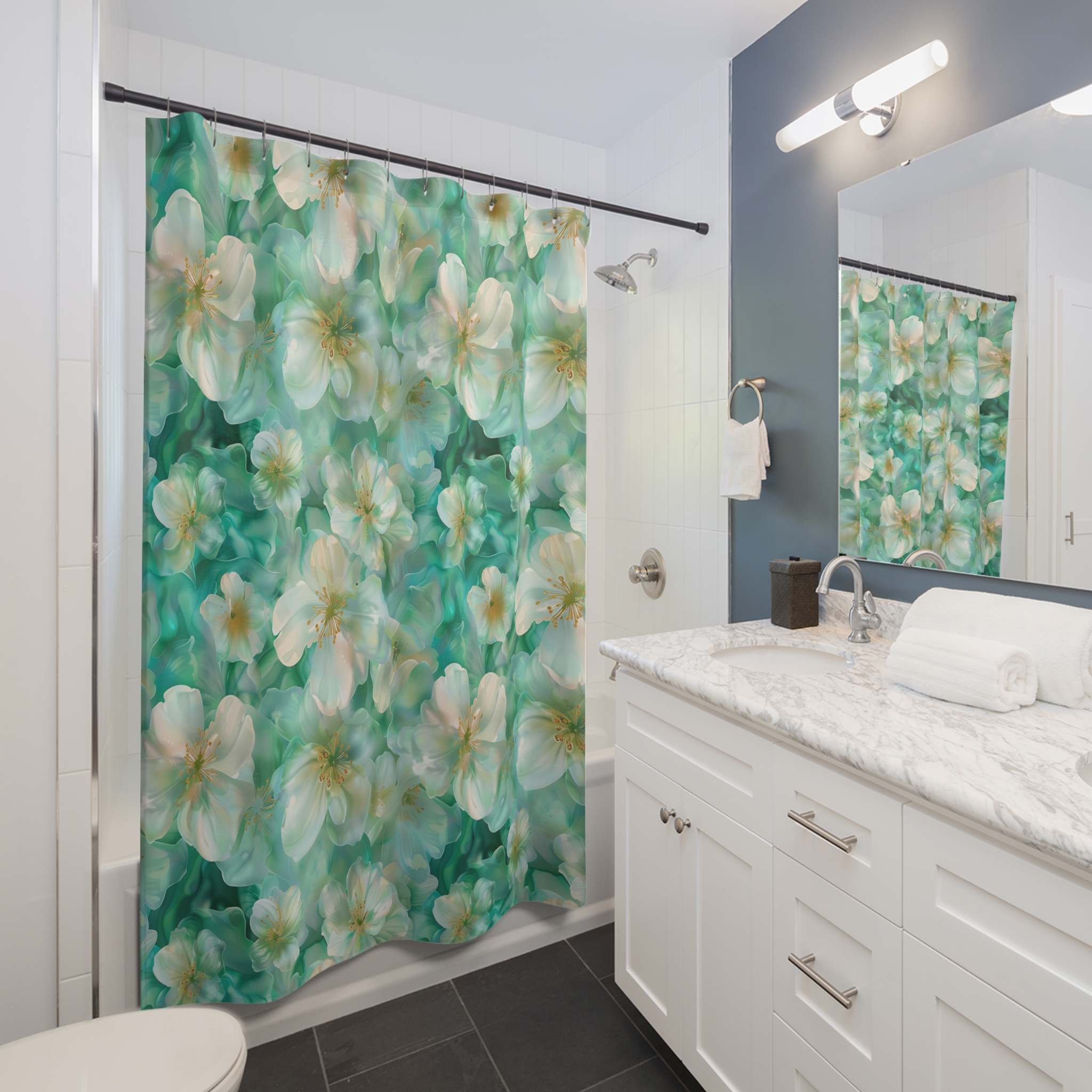 Turquoise Jasmine – Soft Teal Floral Shower Curtain