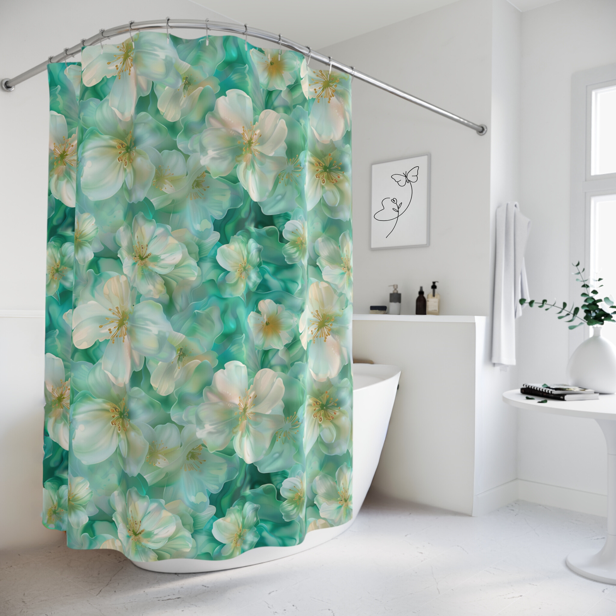 Turquoise Jasmine – Soft Teal Floral Shower Curtain