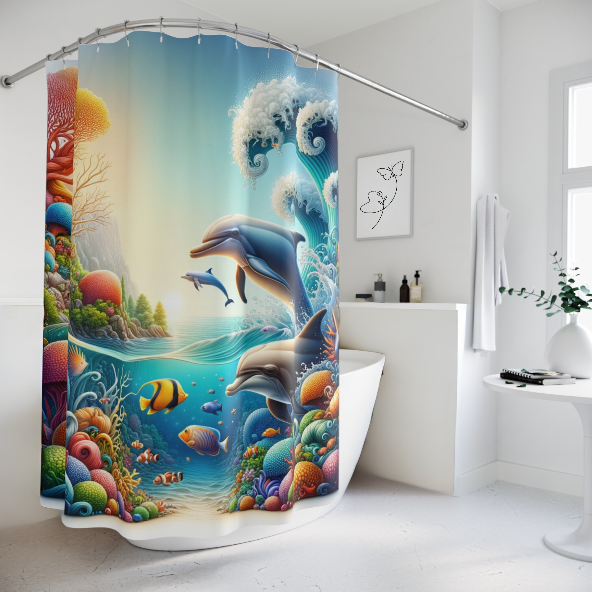 Playful Dolphins and Coral Reef – Vibrant Ocean Shower Curtain