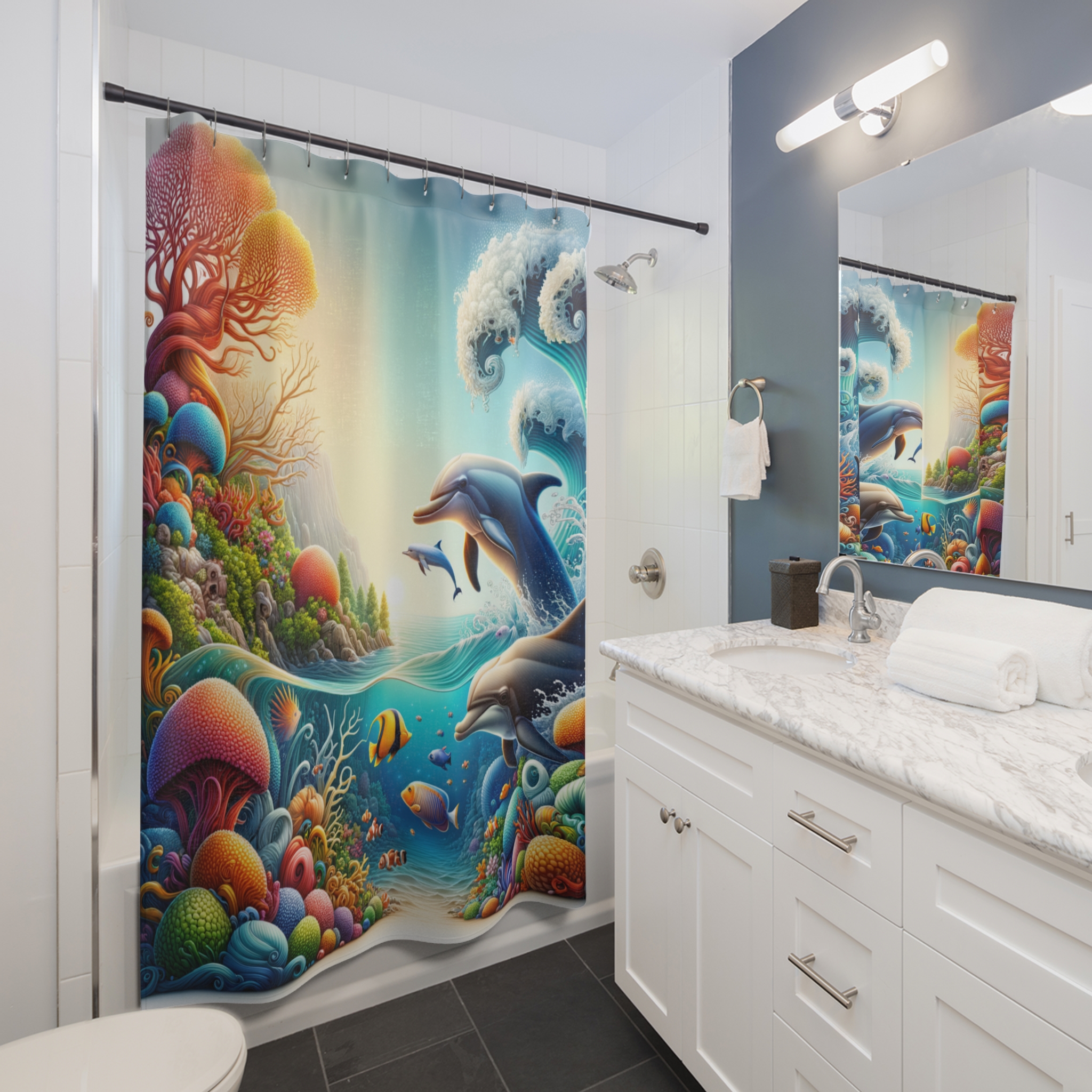 Playful Dolphins and Coral Reef – Vibrant Ocean Shower Curtain