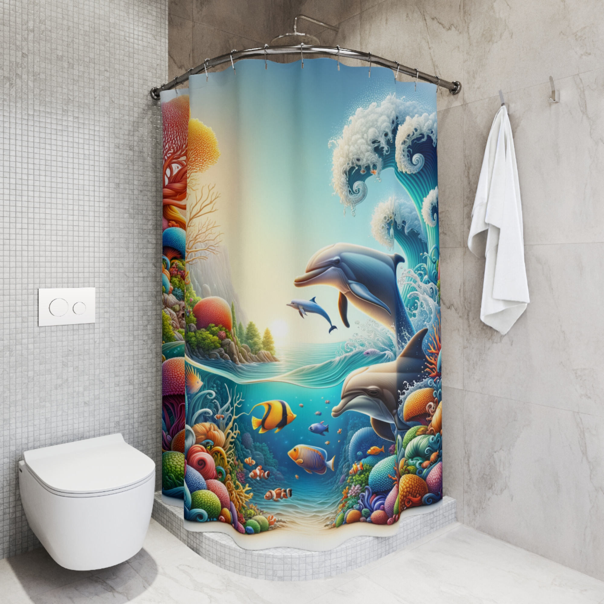 Playful Dolphins and Coral Reef – Vibrant Ocean Shower Curtain
