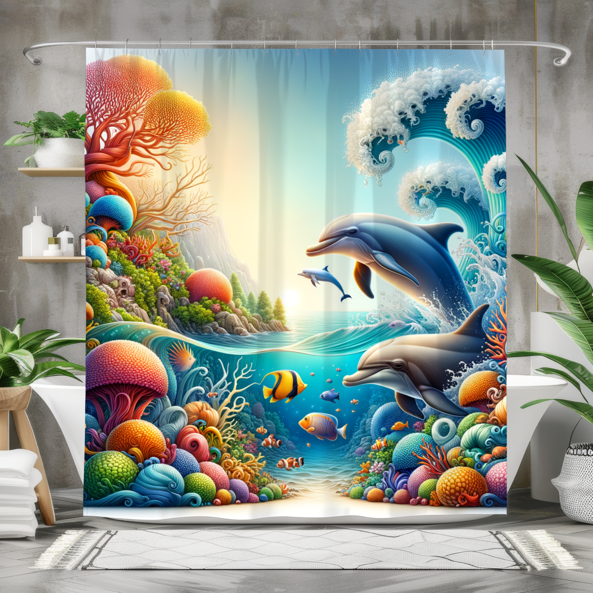Playful Dolphins and Coral Reef – Vibrant Ocean Shower Curtain
