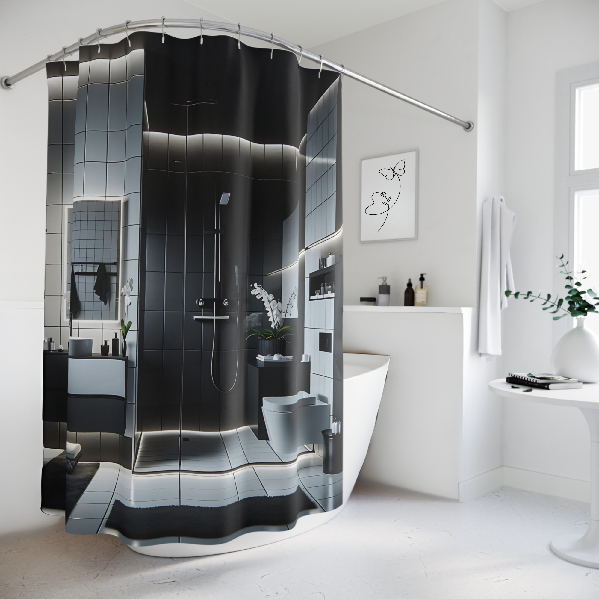Modern Black and White Spa – Minimalist Shower Curtain