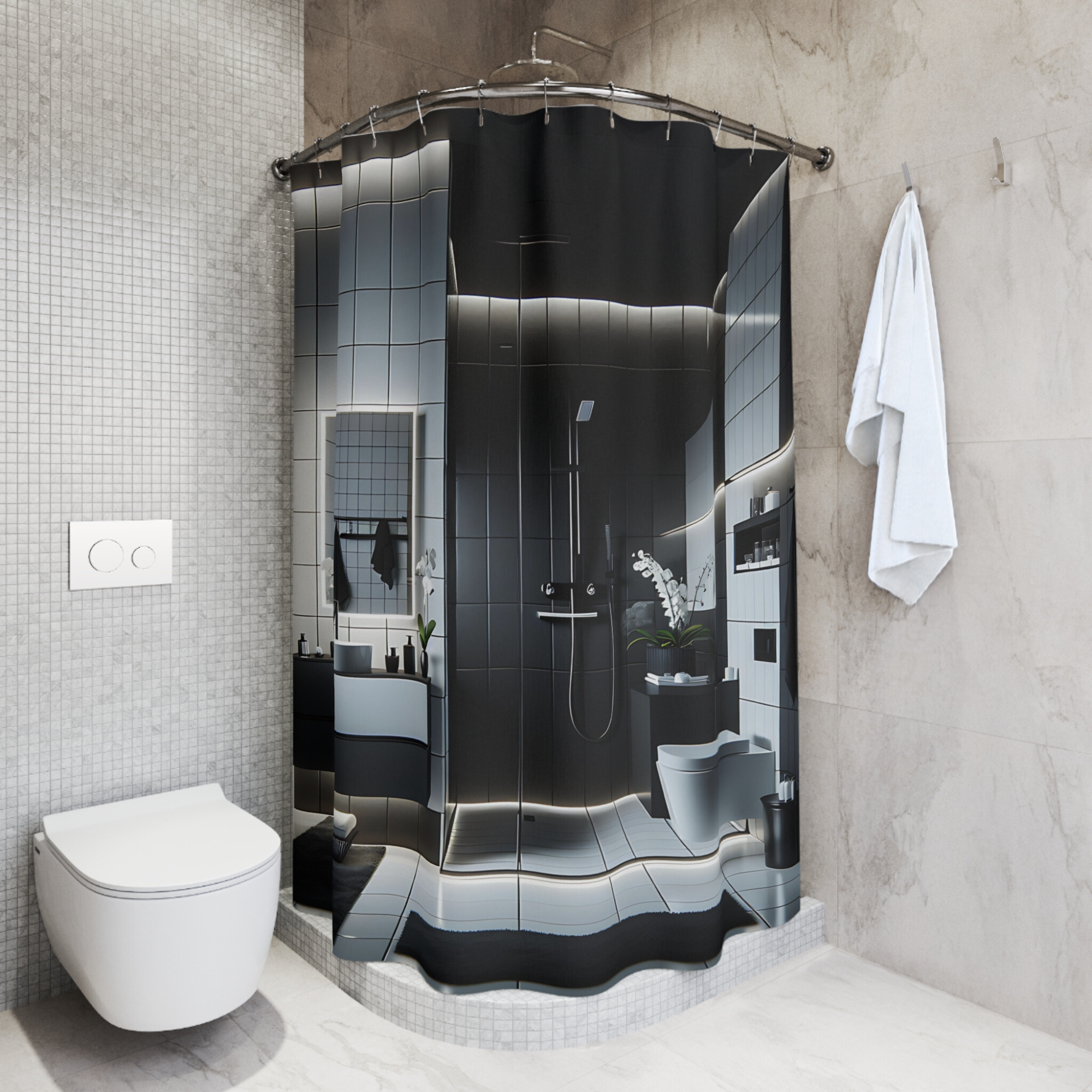 Modern Black and White Spa – Minimalist Shower Curtain