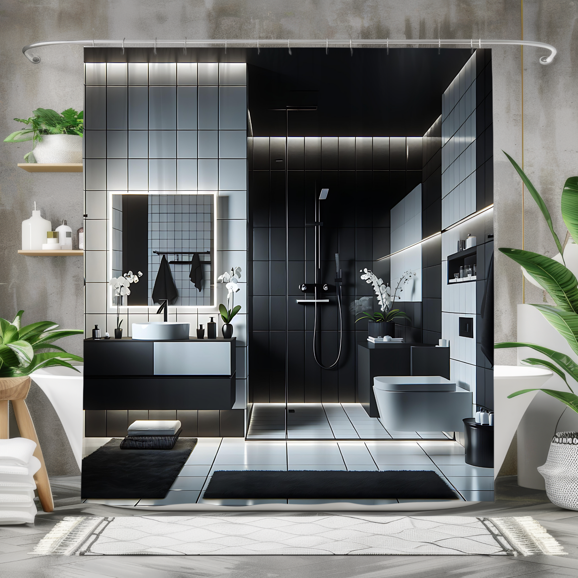 Modern Black and White Spa – Minimalist Shower Curtain