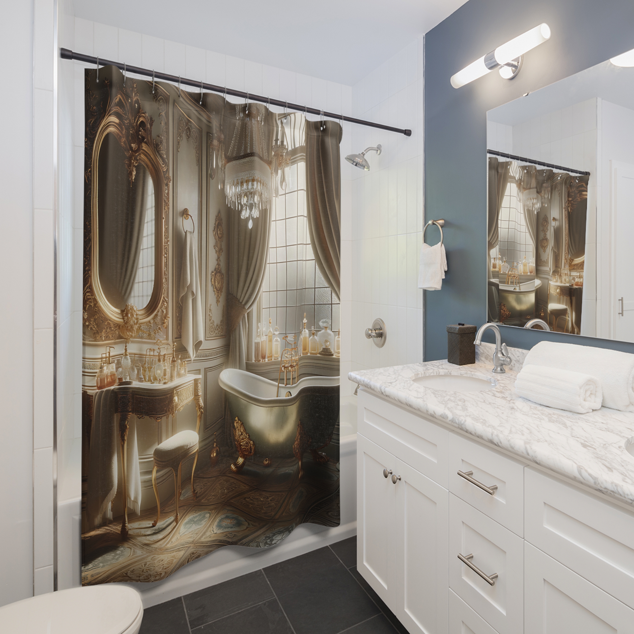 Victorian Vanity Room With Gold Clawfoot Tub – Elegant Shower Curtain