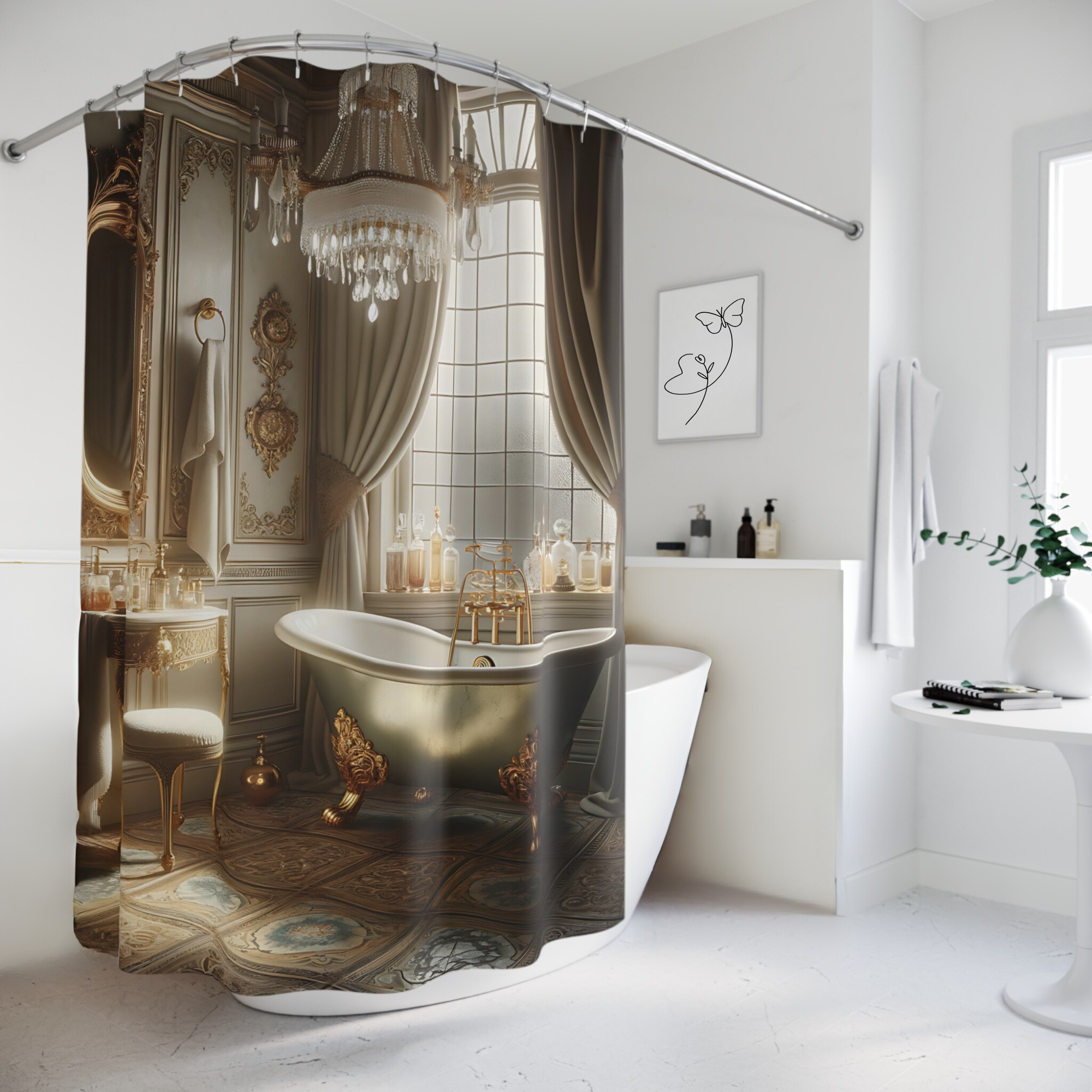 Victorian Vanity Room With Gold Clawfoot Tub – Elegant Shower Curtain