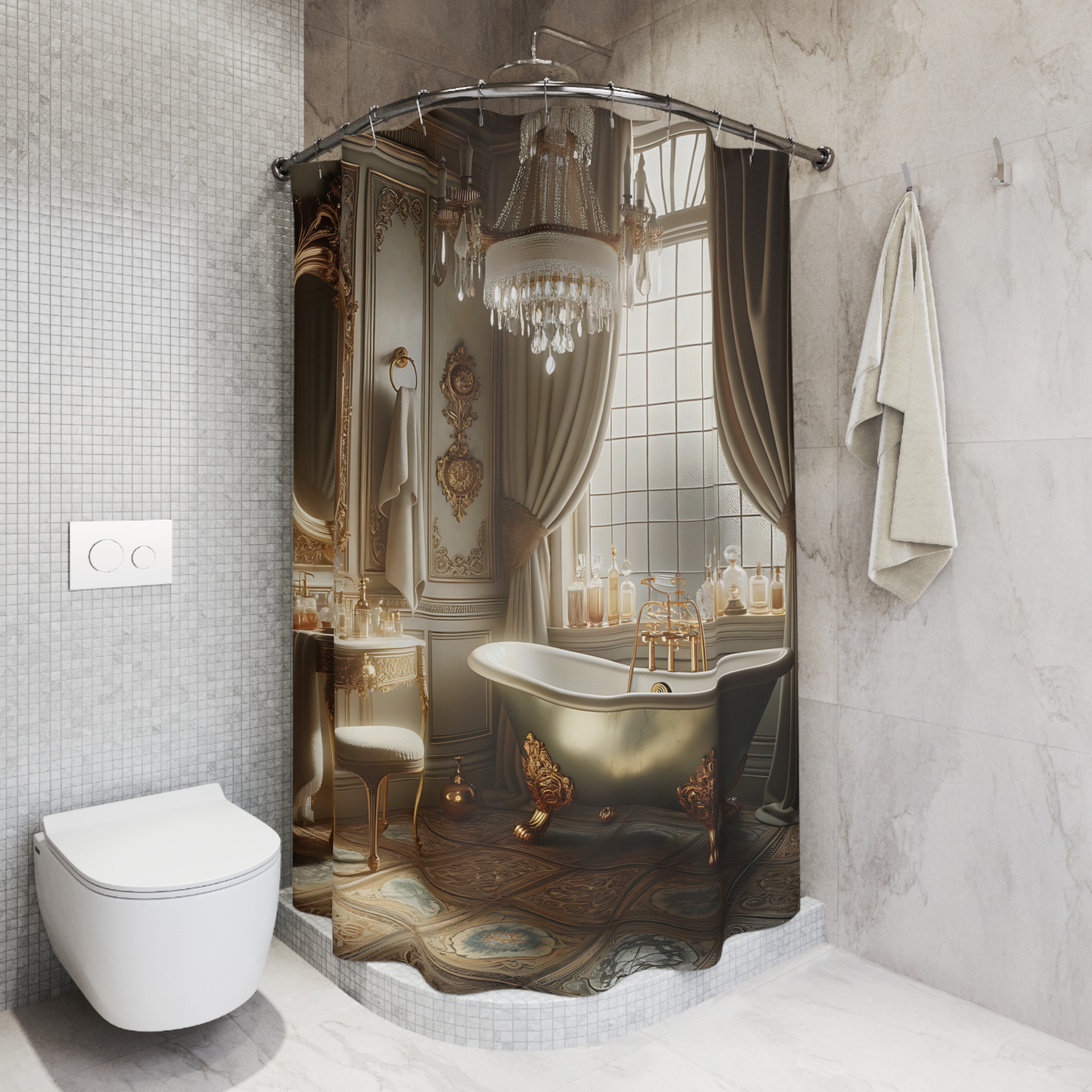 Victorian Vanity Room With Gold Clawfoot Tub – Elegant Shower Curtain