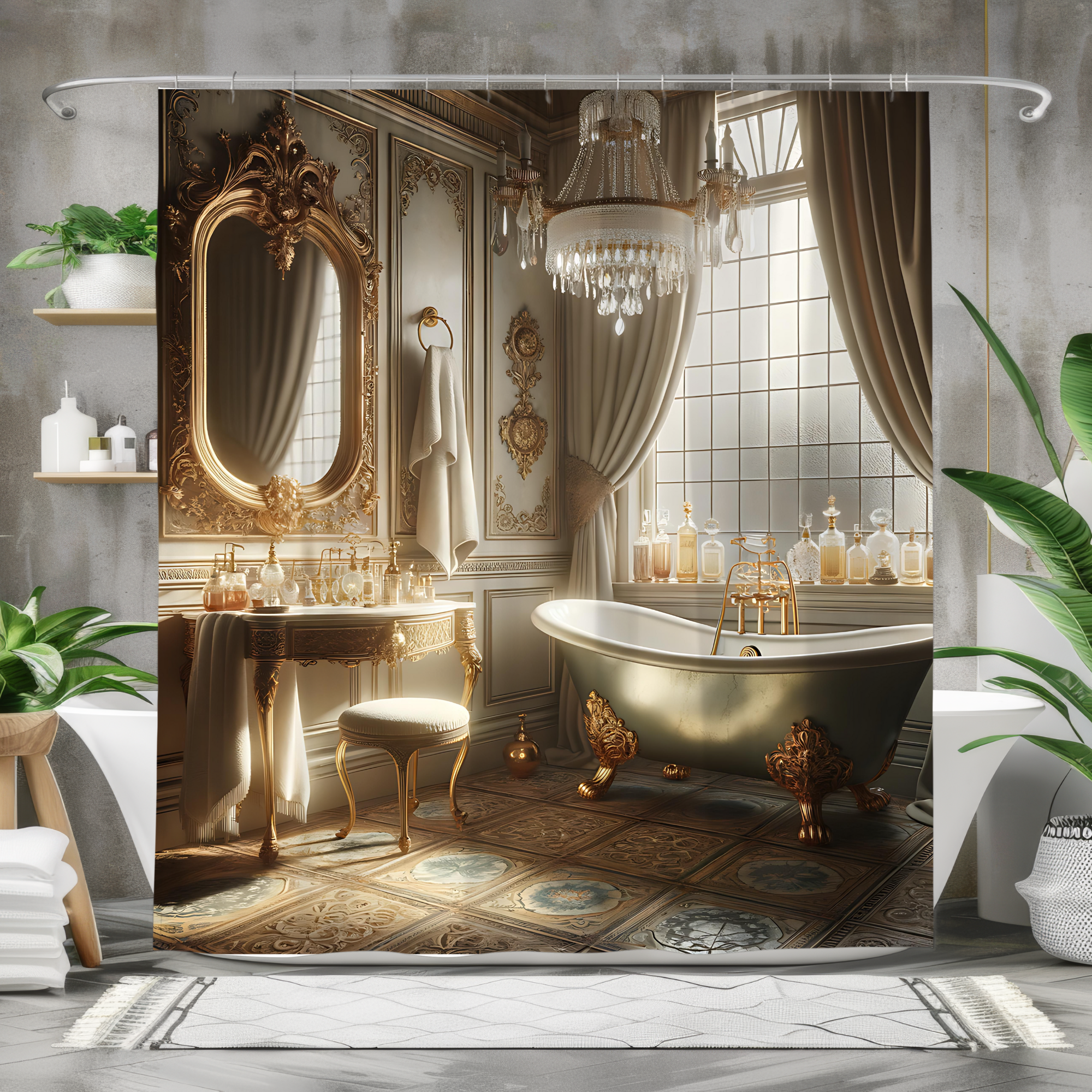 Victorian Vanity Room With Gold Clawfoot Tub – Elegant Shower Curtain