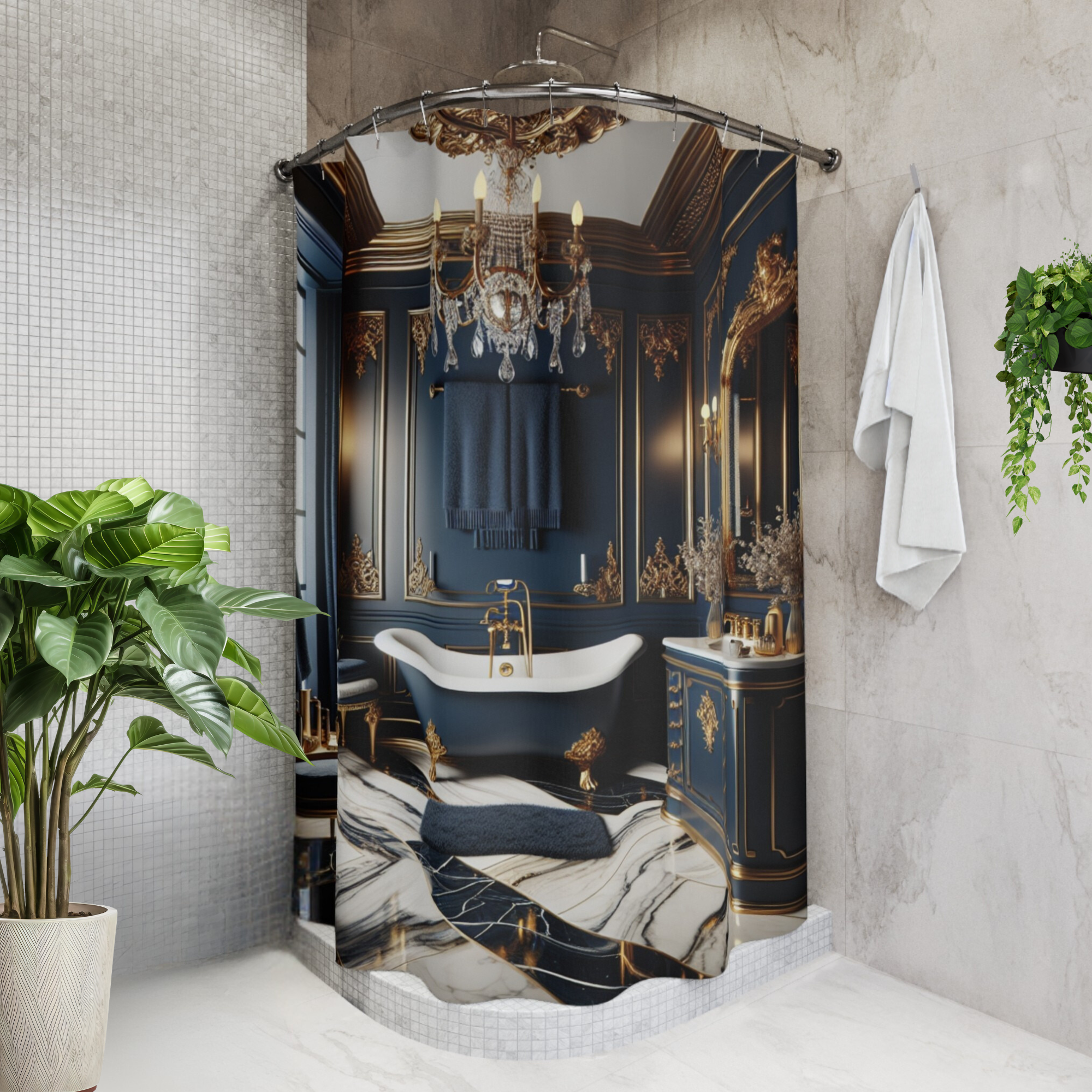 Navy Gold Palace – Victorian Bathroom Shower Curtain