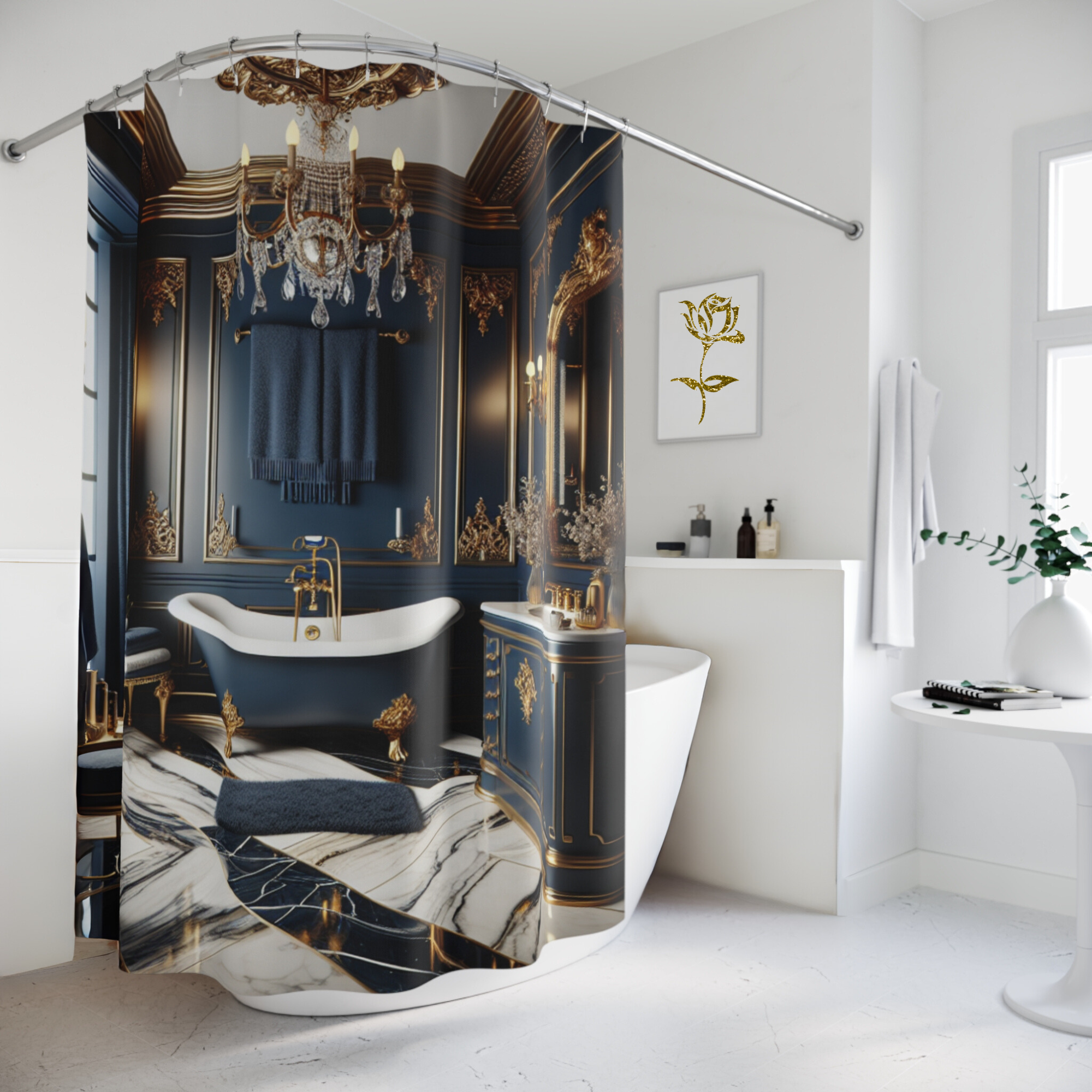 Navy Gold Palace – Victorian Bathroom Shower Curtain