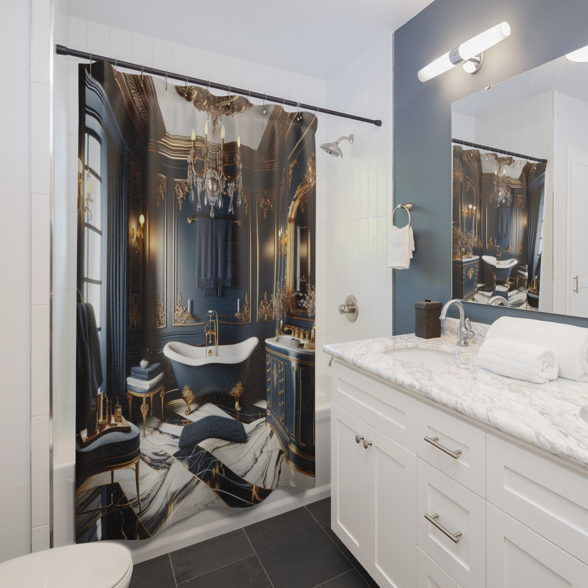 Navy Gold Palace – Victorian Bathroom Shower Curtain