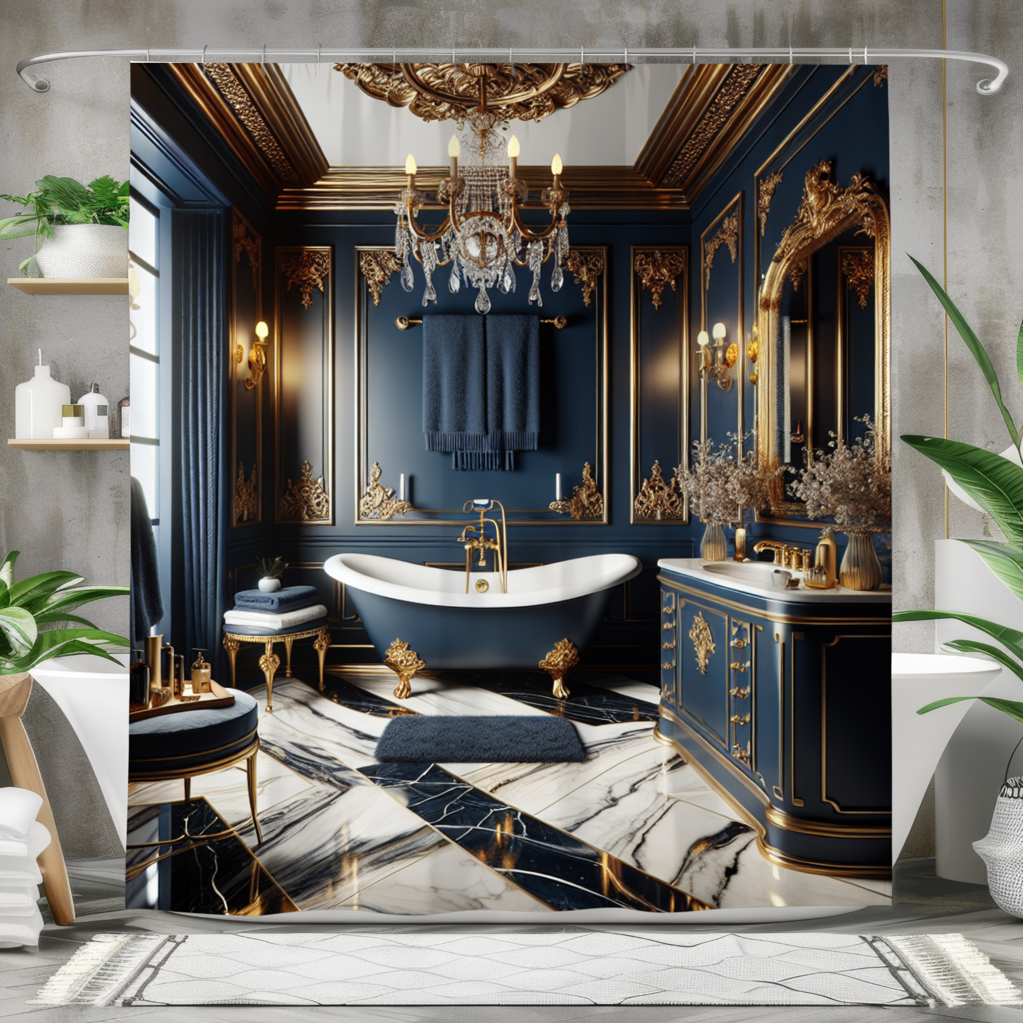 Navy Gold Palace – Victorian Bathroom Shower Curtain
