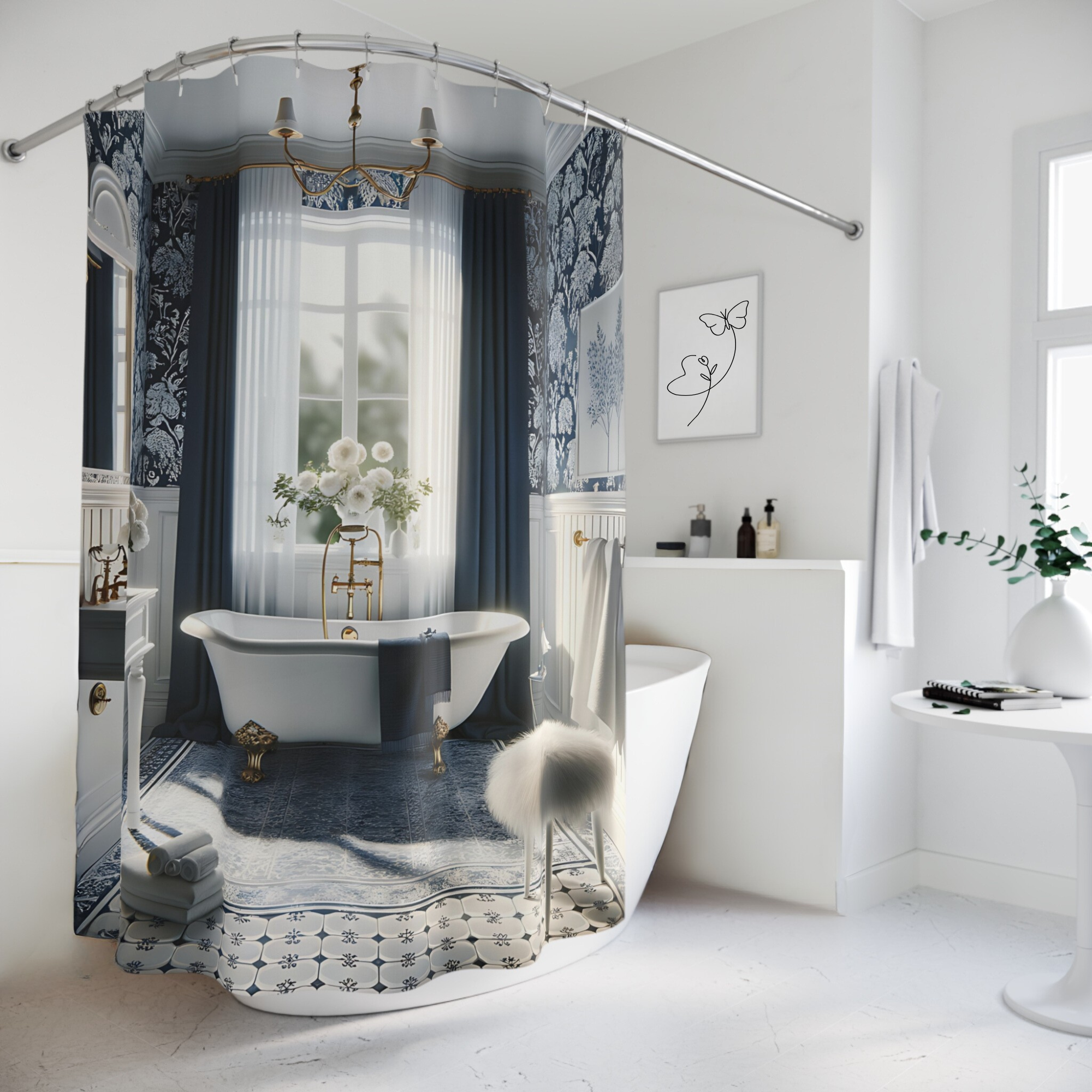 Navy Toile Garden – Victorian Bathroom Shower Curtain