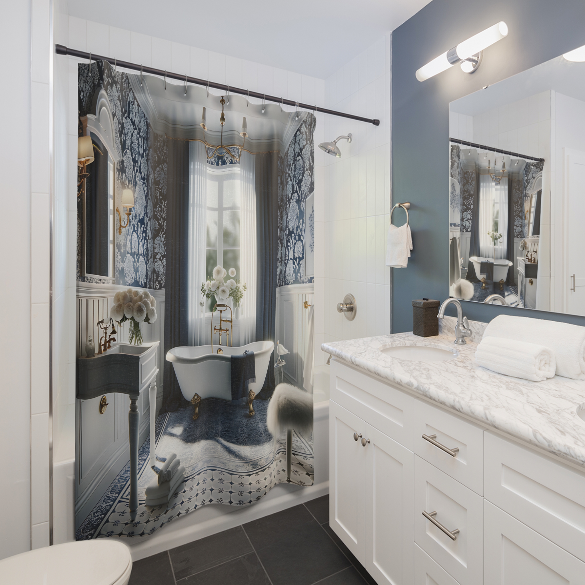 Navy Toile Garden – Victorian Bathroom Shower Curtain