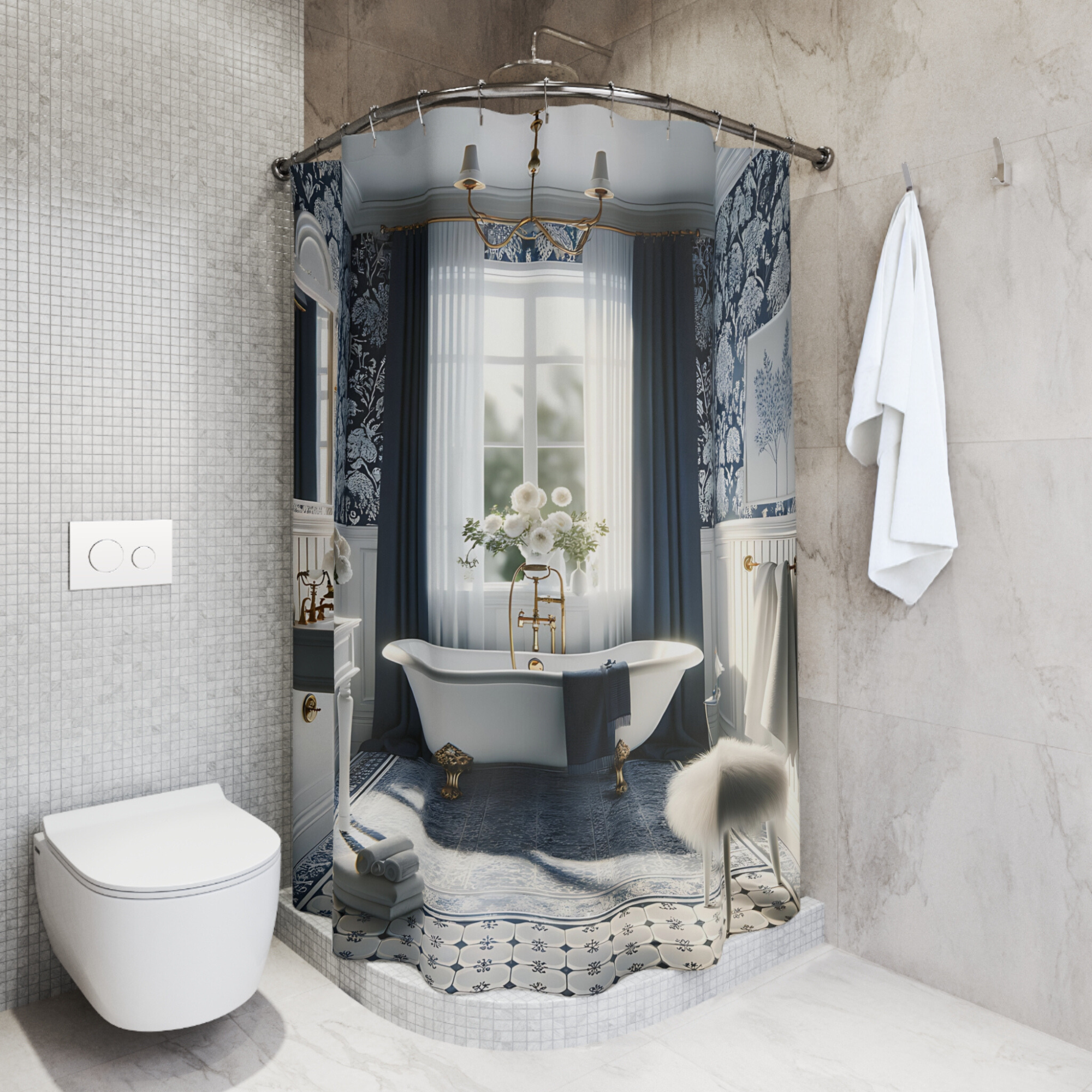 Navy Toile Garden – Victorian Bathroom Shower Curtain