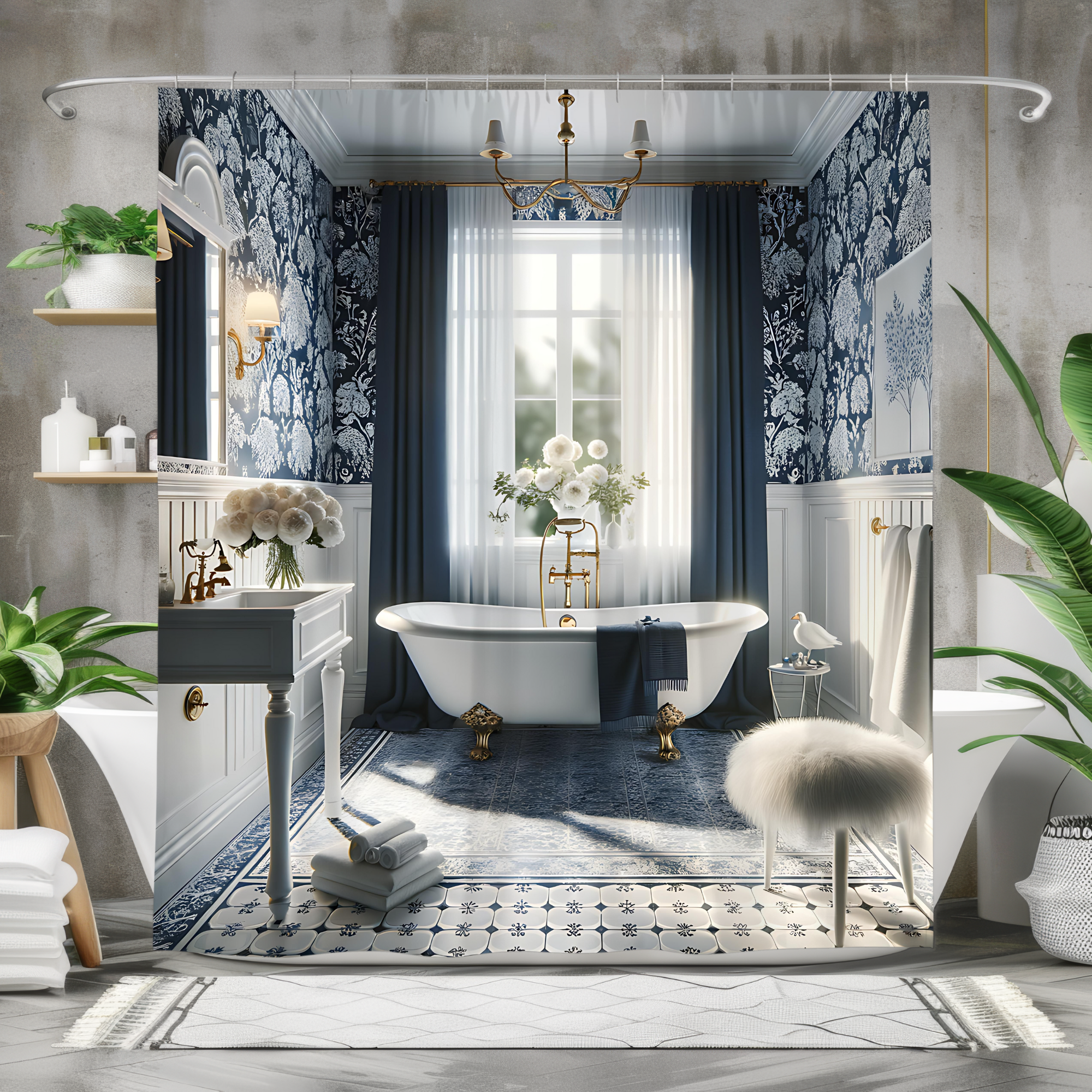 Navy Toile Garden – Victorian Bathroom Shower Curtain