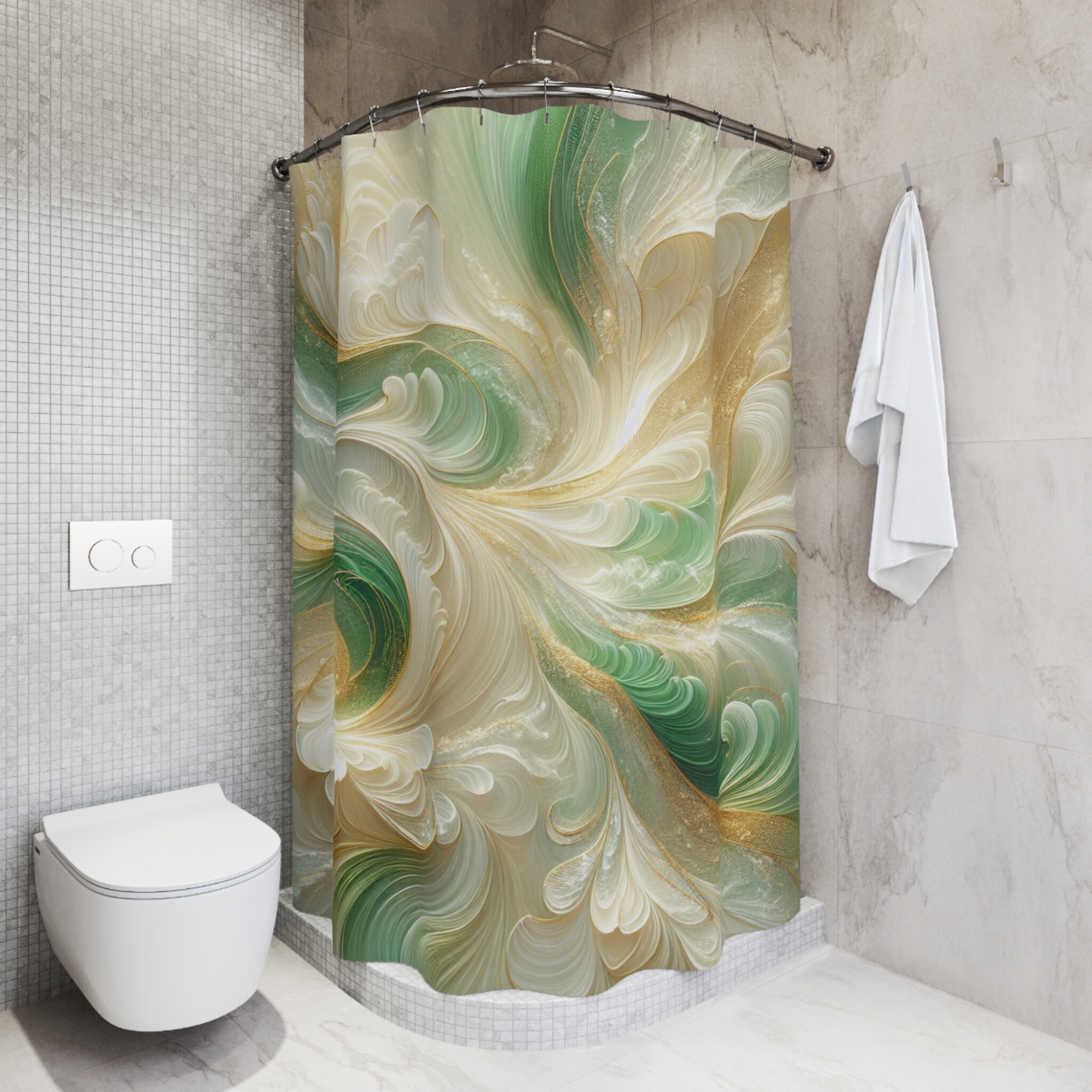 Emerald Gold Swirl – Elegant Abstract Shower Curtain