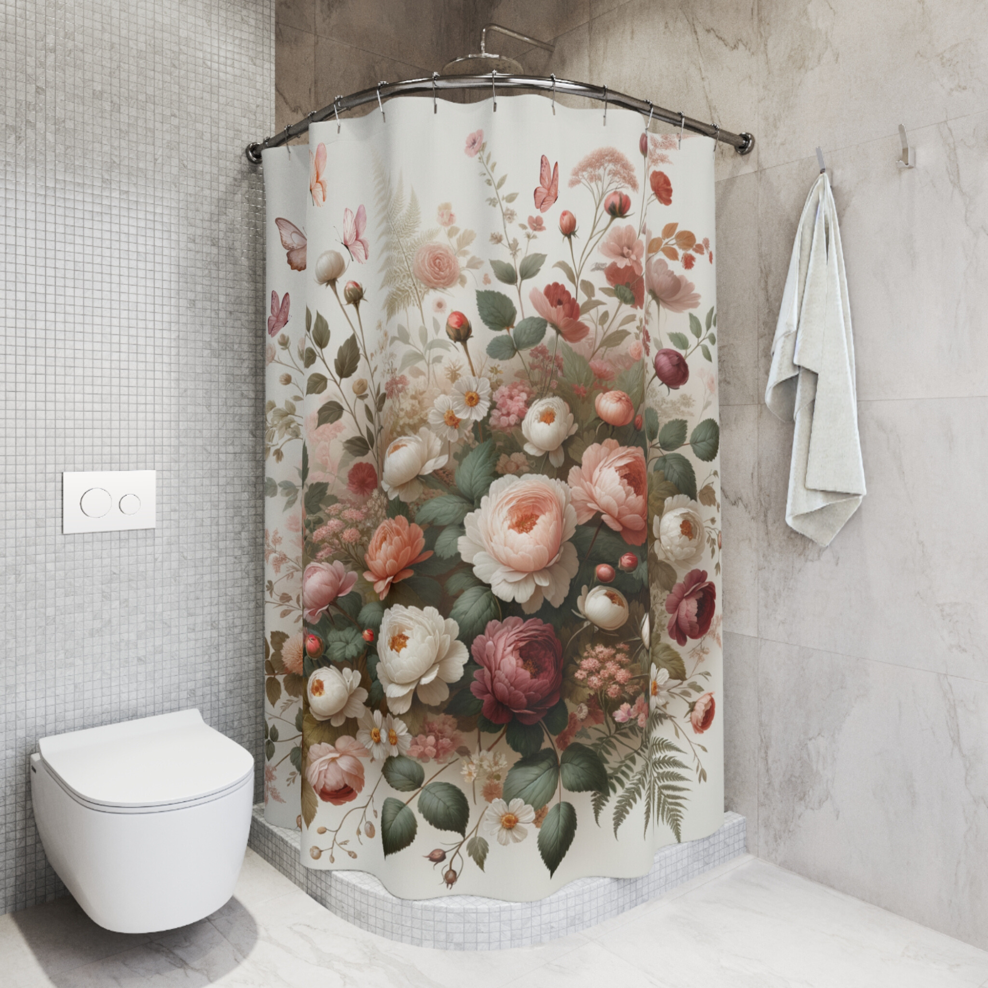 Romantic Floral Garden Shower Curtain, Vintage Botanical Bathroom Décor, Elegant Blush and Cream Peony Shower Art