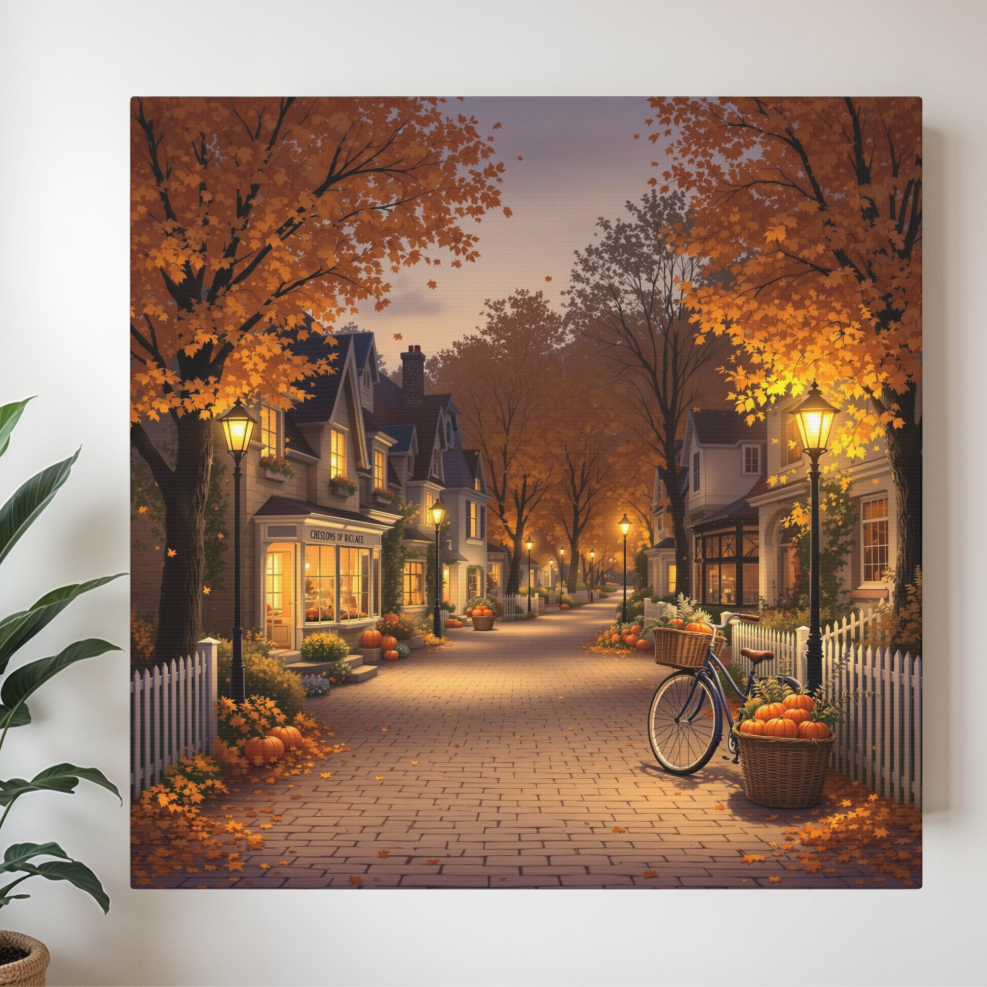 Pumpkin-Lined Village Street at Dusk – Cozy Autumn Wall Art