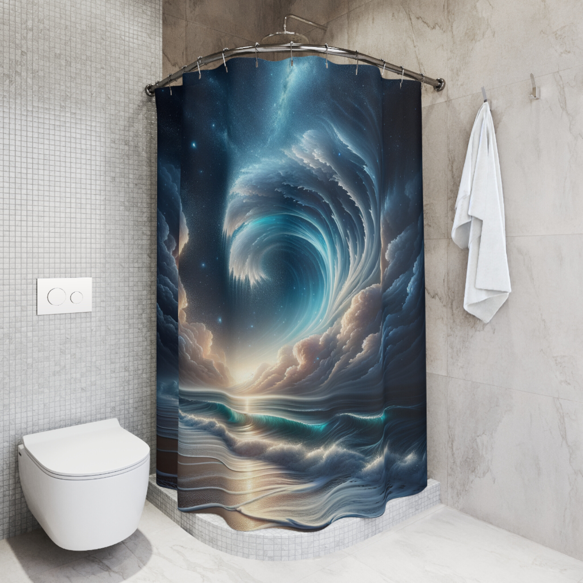 Celestial Ocean Wave – Elegant Cosmic Shower Curtain