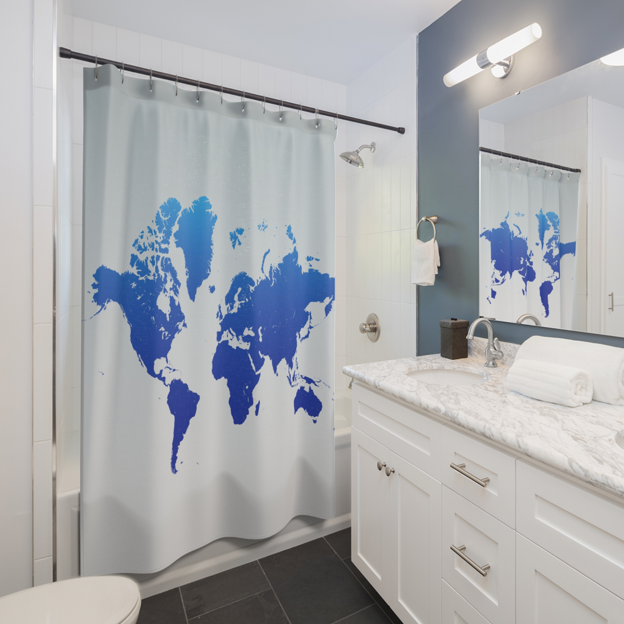 World Map Shower Curtain Blue Minimalist