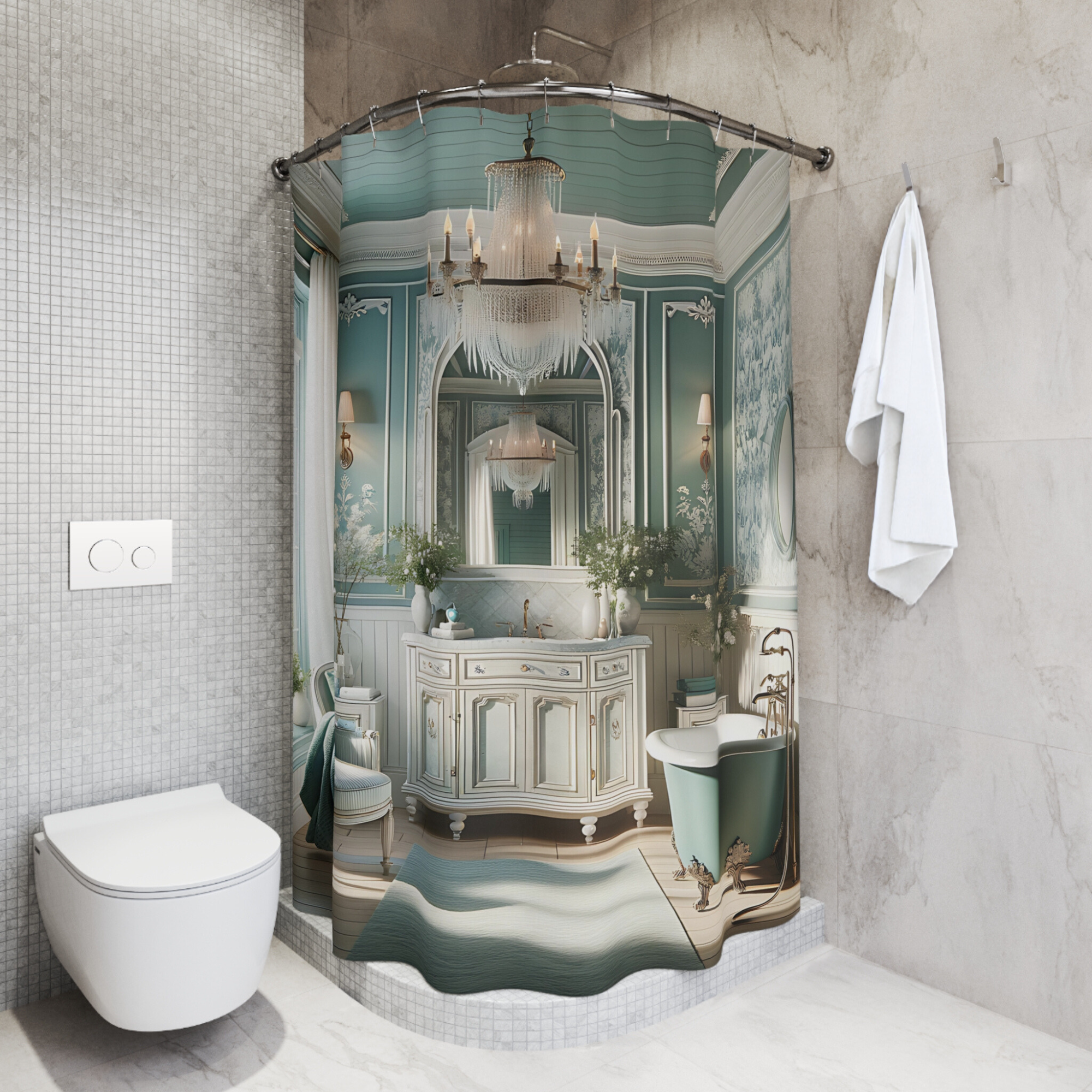Teal French Country Bathroom – Elegant Vintage Shower Curtain